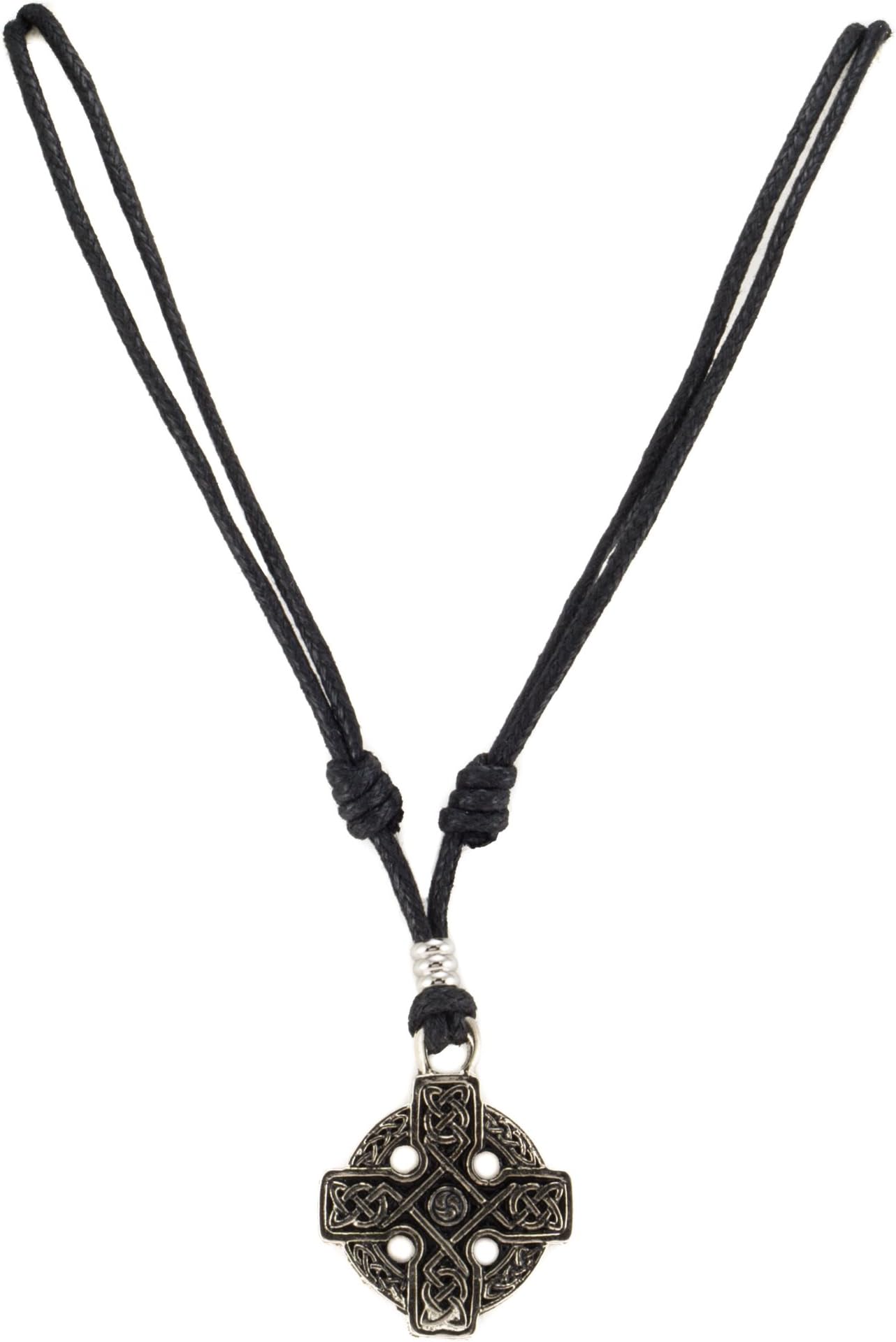 Celtic Cross on Adjustable Black Cord Necklace (Old Silver Finish)