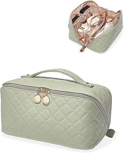 Bolsa de maquillaje de viaje, bolsa de cosméticos de gran capacidad para mujeres, bolsa portátil impermeable, bolsa de aseo plana abierta,