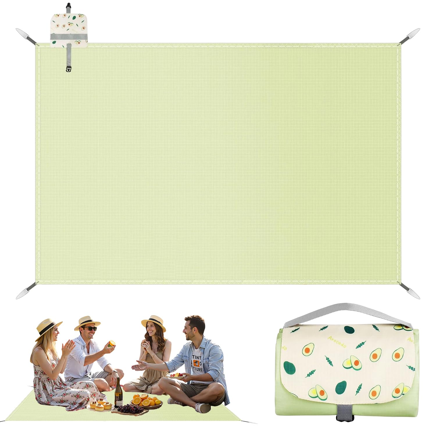 Manta Picnic Impermeable Verde 150 x 210 cm, Tapete de Picnic con Asa, Compacta Manta de Playa, Manta Picnic Portátil, Tapete de Picnic Plegable para Interiores, Playa, Camping, Viajes, Césped, Parque