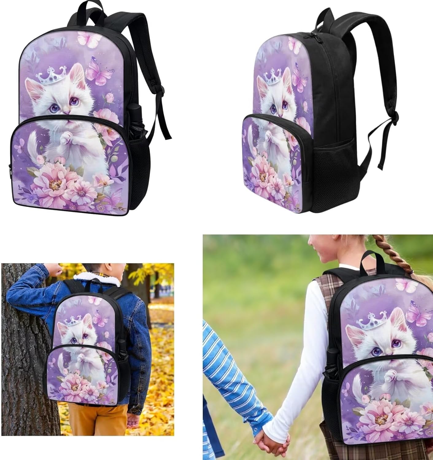 Cat Flower Backpack for School Girls, 3PCS Kids School Bookbag with Lunch Box Pencil Case, Double Layer Backpack for School Travel, Back to School Supplies, Purple