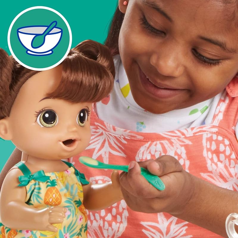 Magical Mixer Baby Doll Tropical Treat con accesorios para licuadora, bebidas, mojados, comidas, juguete de cabello castaño para niños de 3 años en adelante