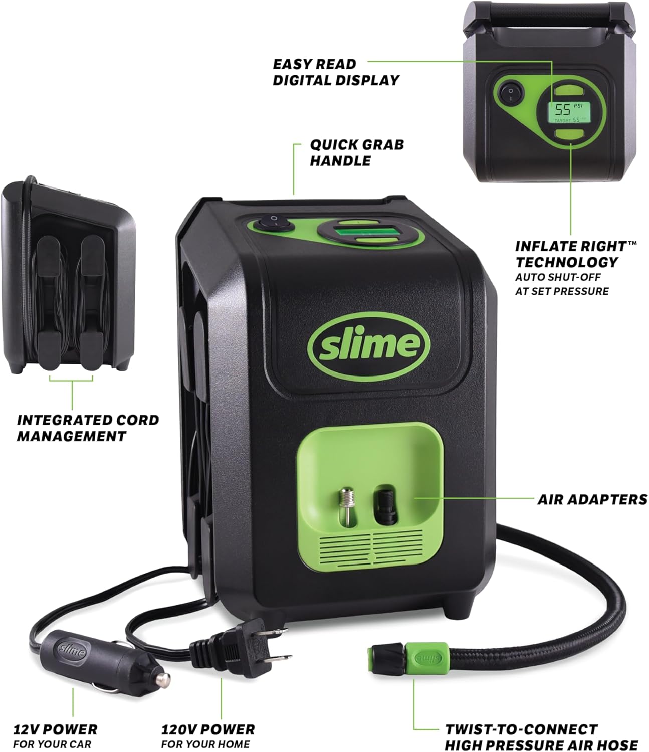 Slime 40052 Tire Inflator with integrated cord management and air adapters