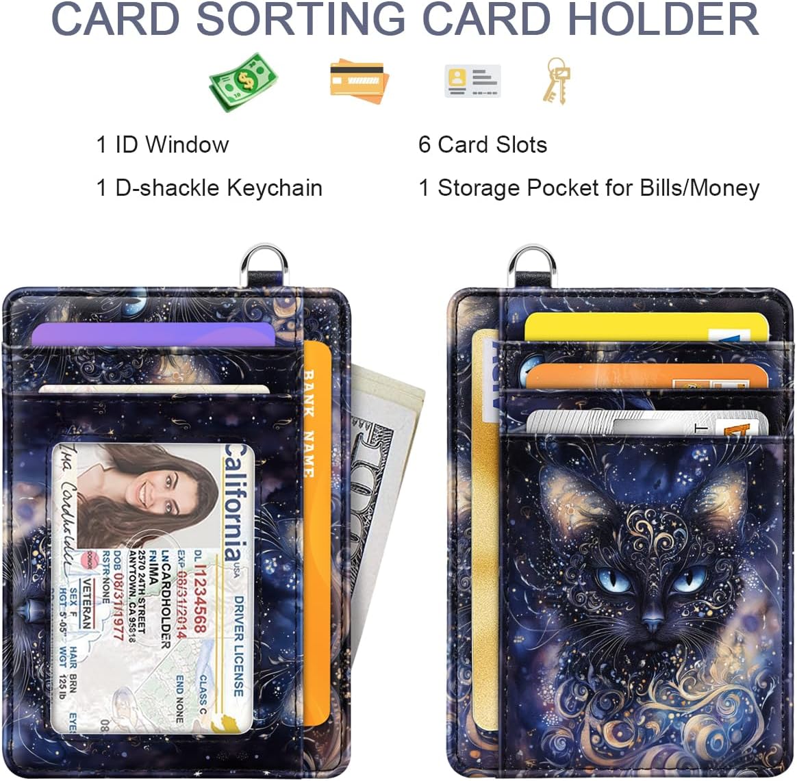 Slim Credit Card Holder Wallet Women Thin Minimalist Card Organizer Case Cute Small ID Window Girl Ladies Womens Wallets, Cool Cat - Image 2