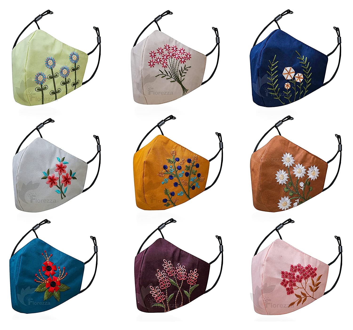 AVVIC MART Premium Embroidery Flower Fency Design Cotton Face Mask For Women's Face Protective, Reusable, Washable, Breathable Skin Friendly |Pack of 9 Multicolor|, Without Valve