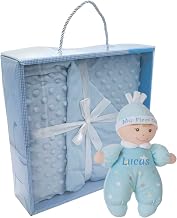 Newborn Baby Gift Set | Personalised Baby Plush with Newborn Baby Blanket | Newborn Baby Basket | Extra Soft Baby Blanket with Soft Rattle Doll with Name (Blue)