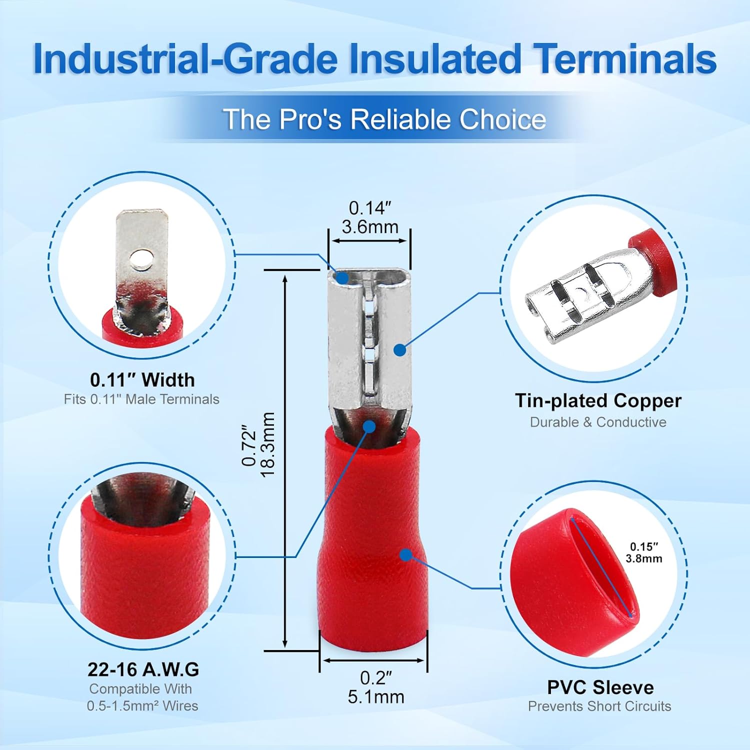Baomain 0.11" Female Quick Disconnect Spade Terminals,Insulated Crimp Connectors 22-16 AWG 2.8mm,Red, (1000-Pack)