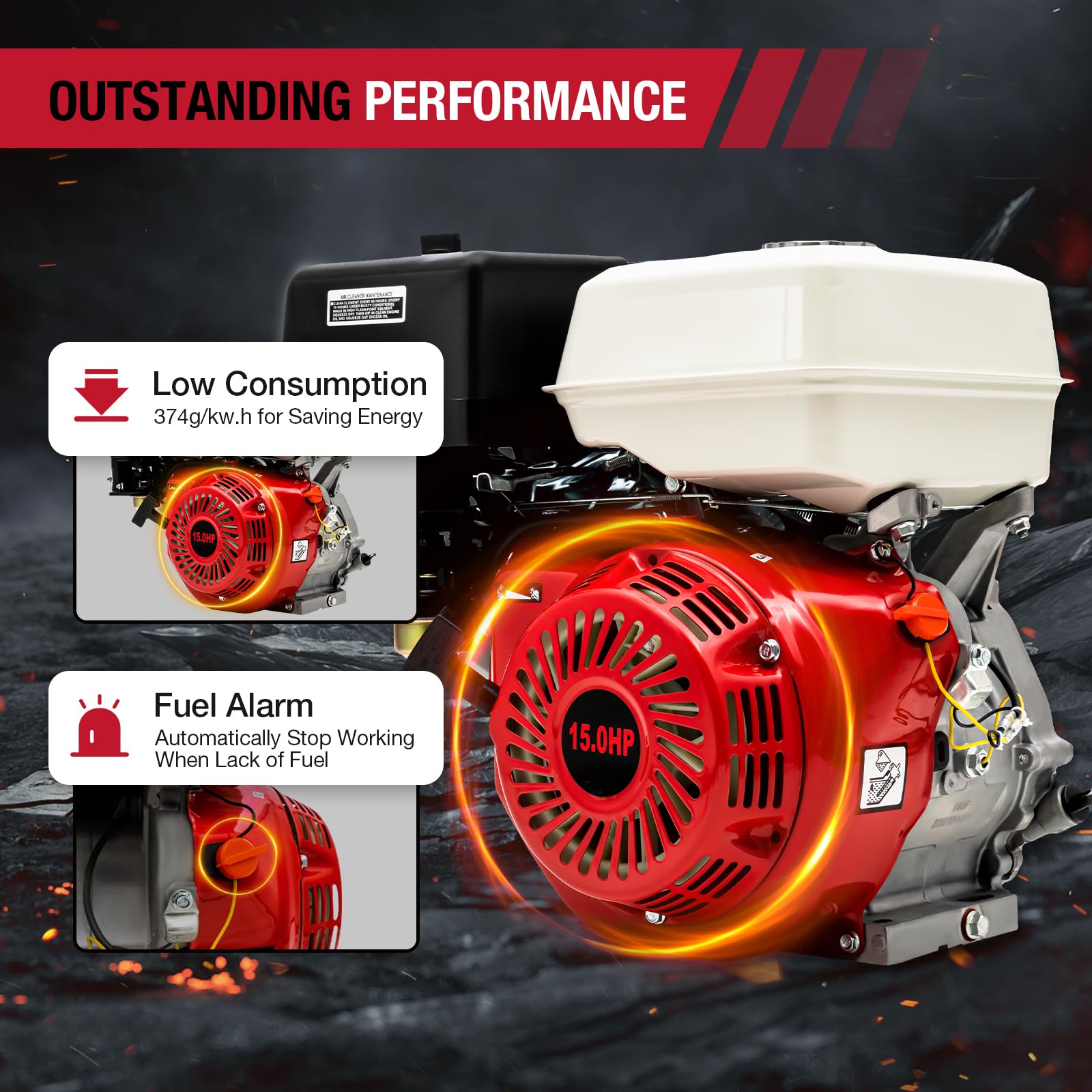 Moteur Essence 4 Temps CUMELLIIR 15CV 420cc - Pour Go-kart, Démarrage Manuel, Couleur Rouge