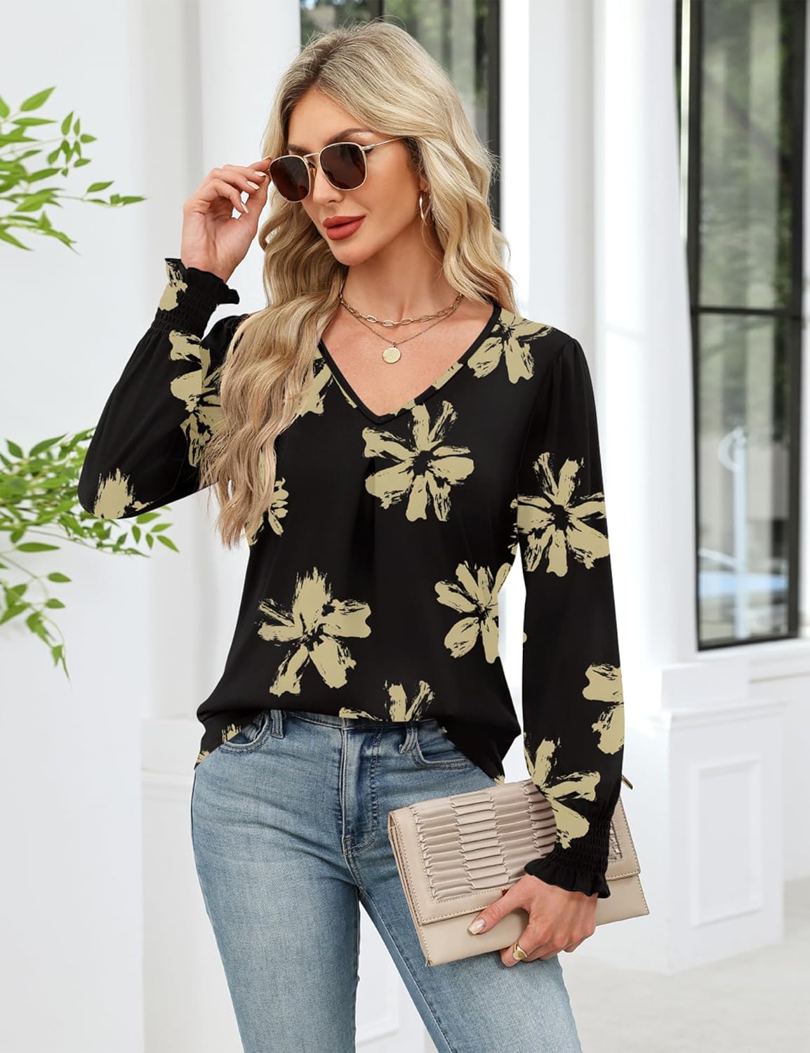 AKEWEI Women's Blouse V Neck Long Sleeve Tops 2026 Spring Loose Dressy Casual Shirts - Image 5