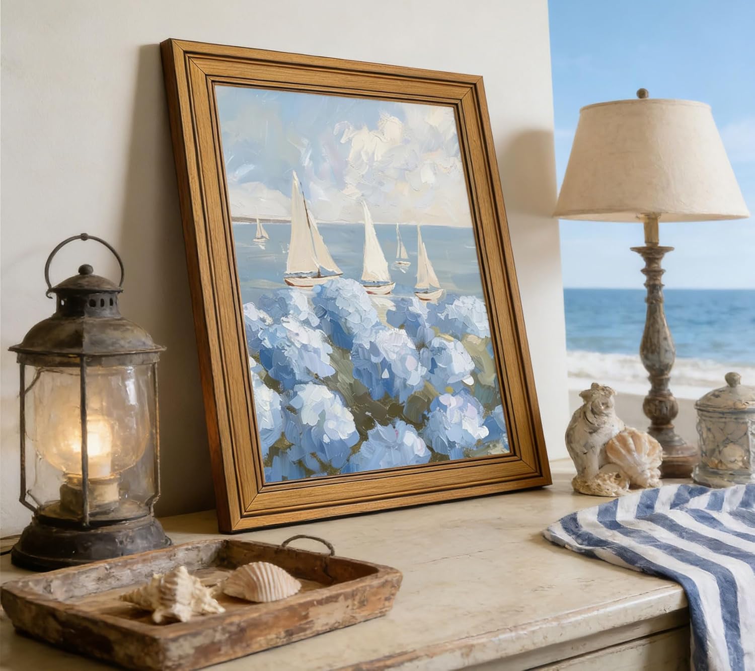 Gold Framed Vintage Coastal Hydrangea Canvas Wall Art Coastal Sailboat Painting Picture Wall Decor Seaside Summer Poster Print Artwork for Bedroom Living Room Bathroom Home Decoration 12x16in