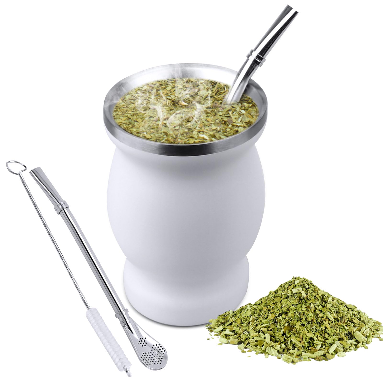 Yerba Mate Tea Cup, Stainless Steel Double Walled Tea Cup Set (Traditional Mate Cup - 8 Ounces), Mate Gourds for Yerba Mate Loose Leaf Drinking with Bombilla Straw & Cleaning Brush, 230 ML. (White)