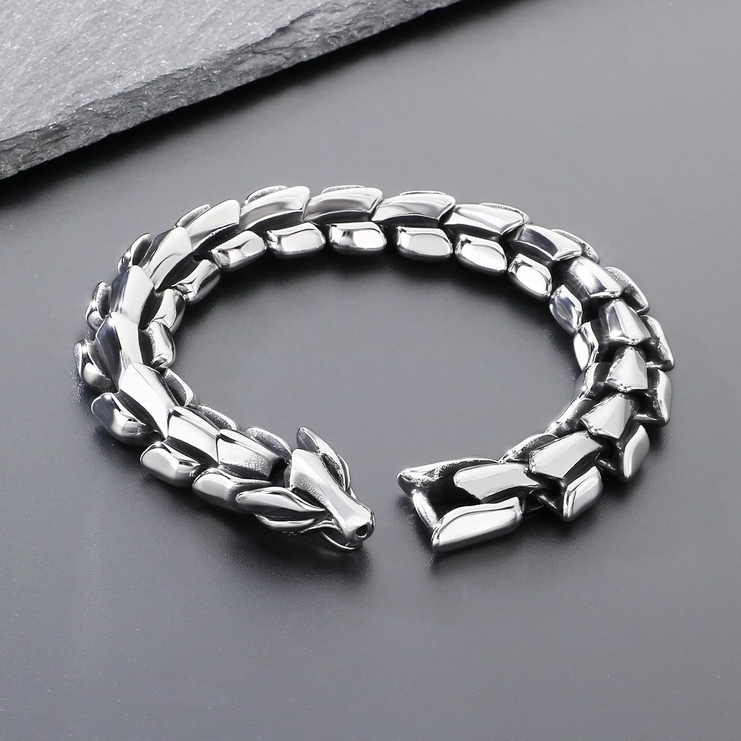 Men's High Polished Silver Stainless Steel Viking Dragon Bone Bracelet Arrow Chain Bohemian Jewelry Gift for Men (Silver, 8.66 Inches) - Image 3