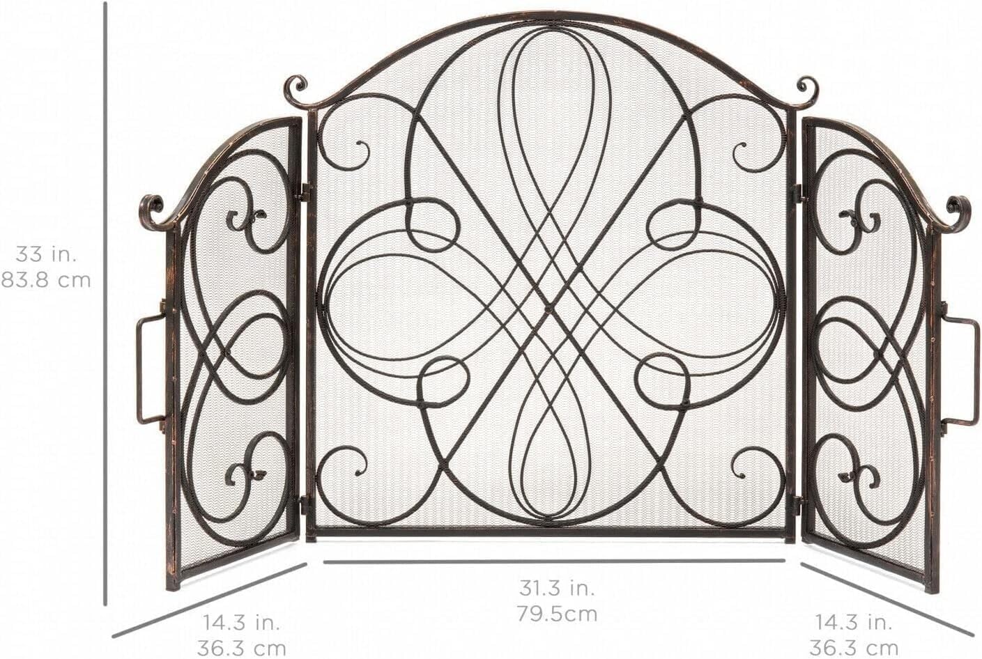 Fireproof 3-Panel Fireplace Screen - Solid Forged Iron Metal Safety Barrier for Home, Decorative and Functional Protection Against Sparks and Embers