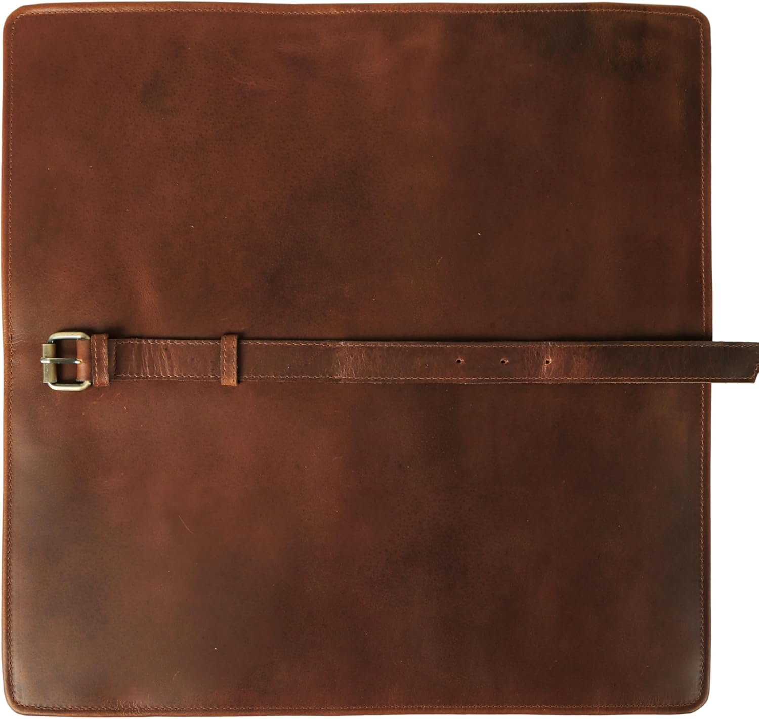 KomalC Premium Buffalo Leather Chef Knife Roll – 17.5″ × 17.5″ Knife Storage Bag with 4 Slots, Suede Lining, Brass Buckle & Zipper Pouch – Portable Travel Case for Chefs & Culinary Students