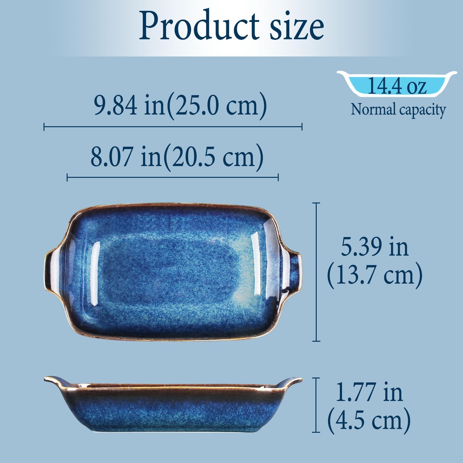Ceramics Au Gratin baking Dishes Set of 2, Baking Tray Bake ware, 14.4oz Ramekins, for Pie Pan, Appetizer, Tart, Dessert, Quiche, Oven Small dish, individual dishes, Rectangular 9.8 Inch