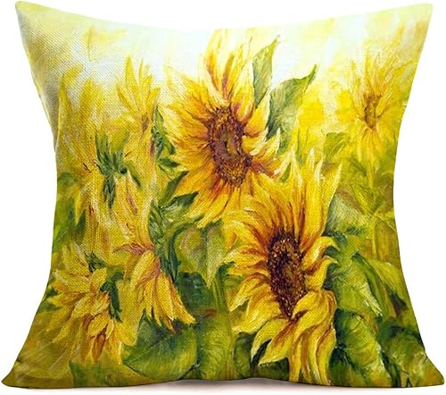 Fundas de almohada cuadradas con diseño de girasol y pintura al óleo, funda de cojín cuadrada de algodón y lino, fundas de almohada decorativas de