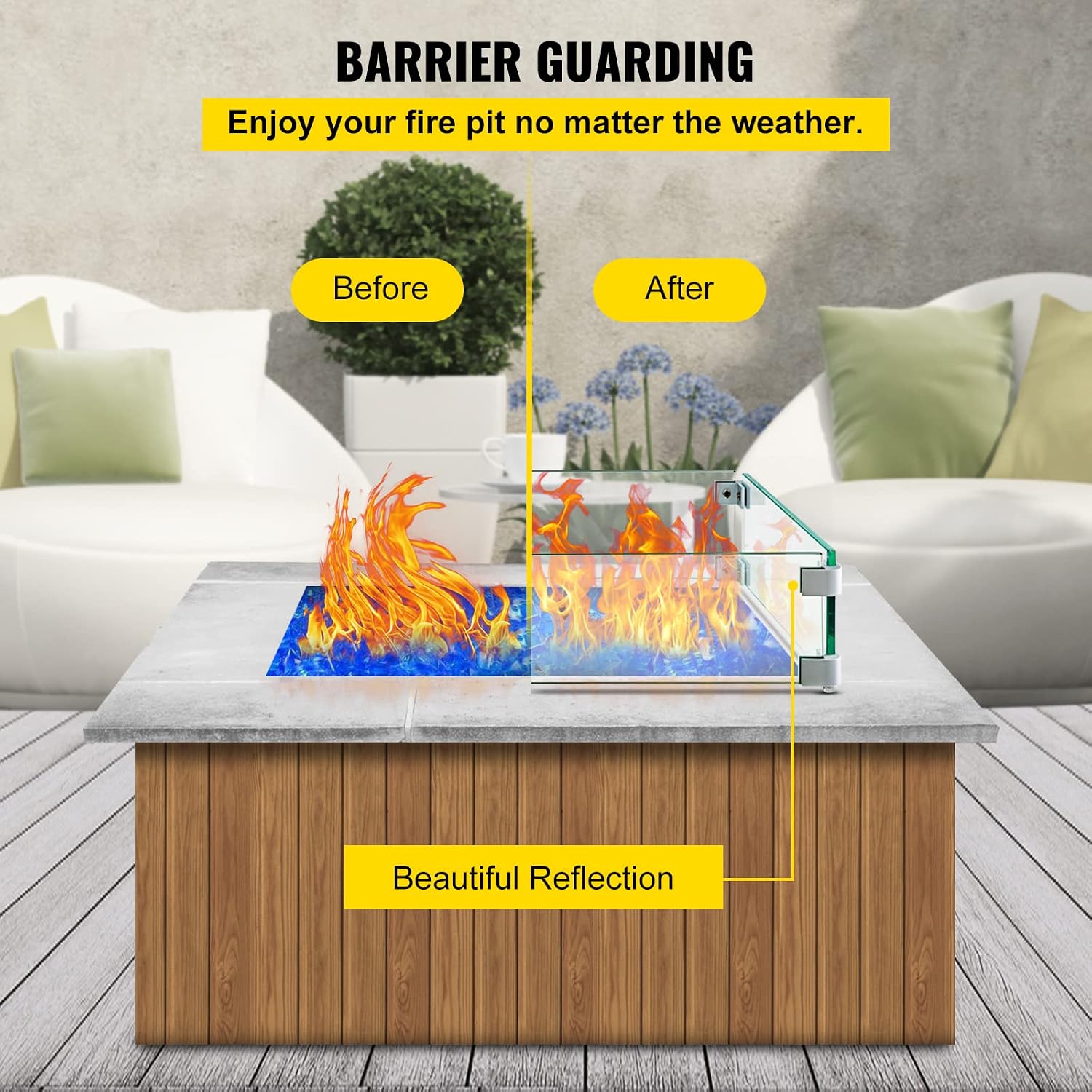 VBENLEM Square Fire Pit Wind Guard, 19" x 19" x 6" Glass Flame Guard, Fire Wind Guard Fence with 5/16 Inch Thickness Clear Tempered Glass and Non-Slip Feet, for Propane, Gas, Fire Pits Pan/Table