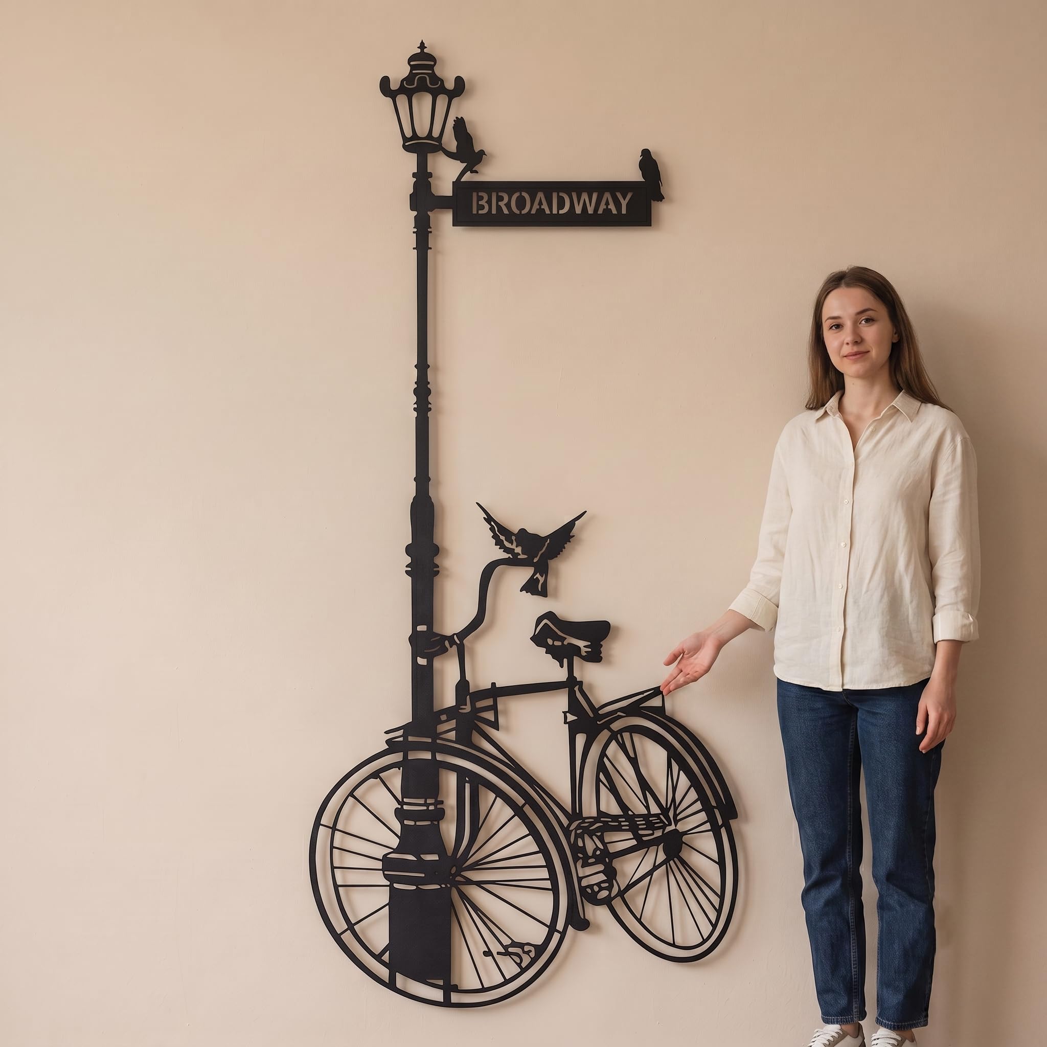 Lámpara de calle vintage personalizada y arte de pared de metal, letrero de calle personalizado, silueta retro de paisaje urbano