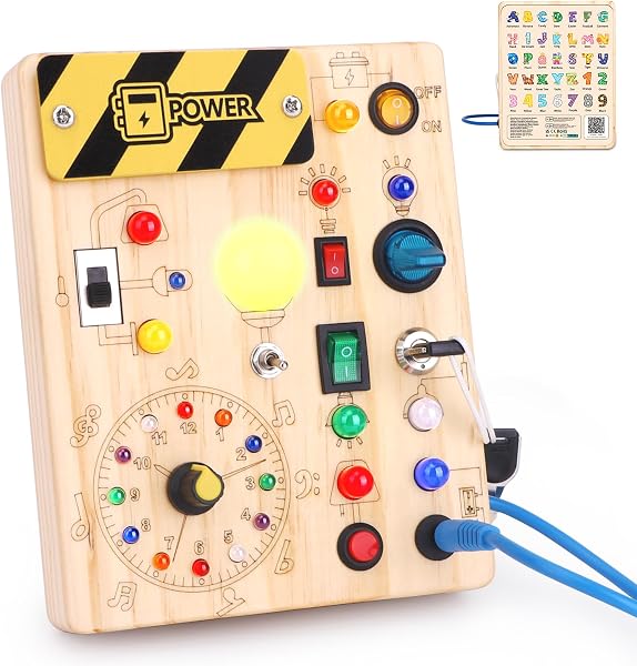 Busy Board Montessori Spielzeug ab 1 Jahr Holz Motorikspielzeug Activity Board Sensorik Lernspielzeug mit 10 Schaltern und 23 LED-Lichtern für Kleinkinder Geschenk für Jungen Mädchen 1 2 3 Jahre - 1