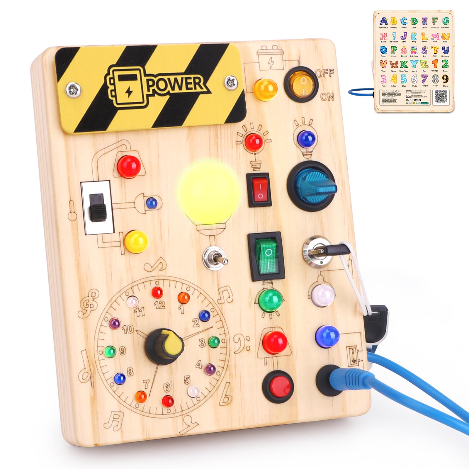 Busy Board Montessori Spielzeug ab 1 Jahr Holz Motorikspielzeug Activity Board Sensorik Lernspielzeug mit 10 Schaltern und 23 LED-Lichtern für Kleinkinder Geschenk für Jungen Mädchen 1 2 3 Jahre - 2
