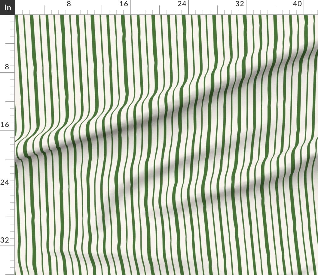 Spoonflower Fabric - Green Stripe Cream Simple Hand Drawn Lines Cottagecore Country Printed on Petal Cotton Fabric Fat Quarter - Sewing Quilting Apparel Crafts Decor