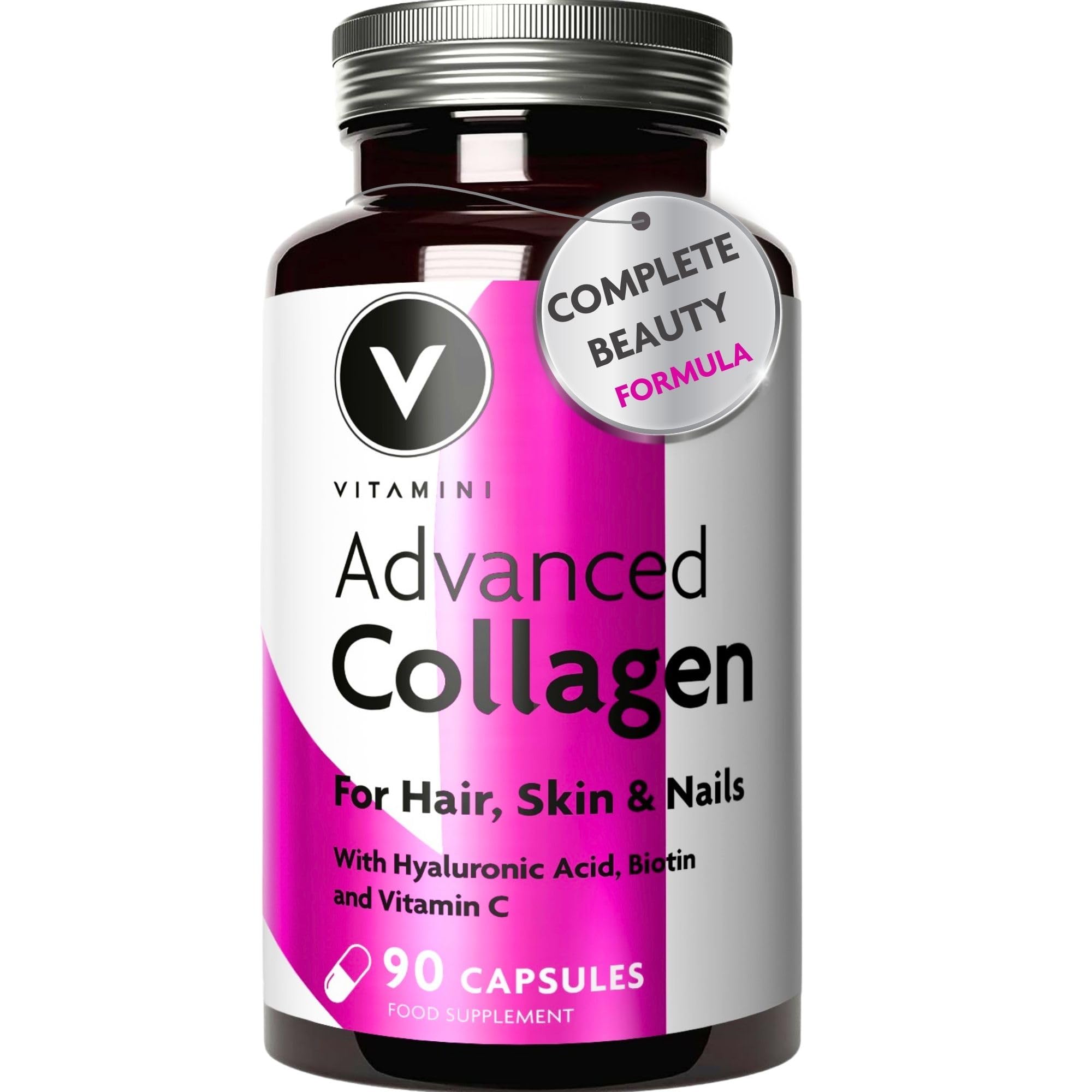 Premium Collagen Supplements for Women - High Strength Marine Collagen with Hyaluronic Acid, Biotin, Vitamin C & E - Supports Radiant Skin, Hair & Nails - UK Made - 90 Capsules
