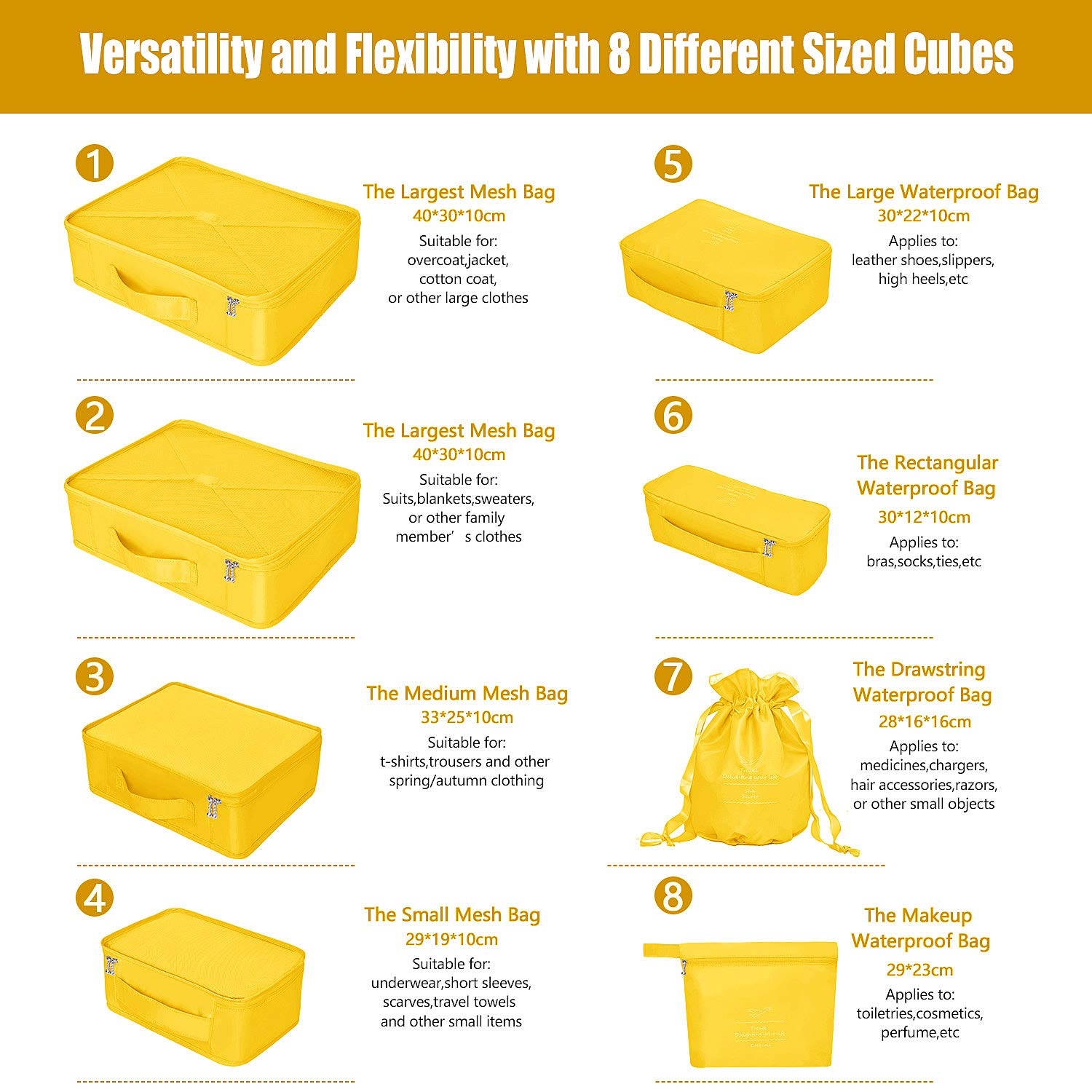 Organizer per valigie 8 pezzi ultimi viaggi organizzatori di progettazione includono impermeabile sacchetto di stoccaggio e di compressione, per scarpa