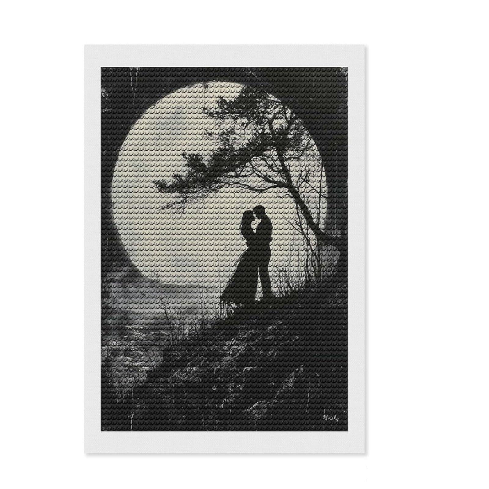 Junmoney Romantic Moonlit Embrace - Charcoal Style Diamond Art Canvas 8"x12", Birthday Gift, for Family Craft Time, with Tool Kit, Cosy Home Accent, Full Kit Included