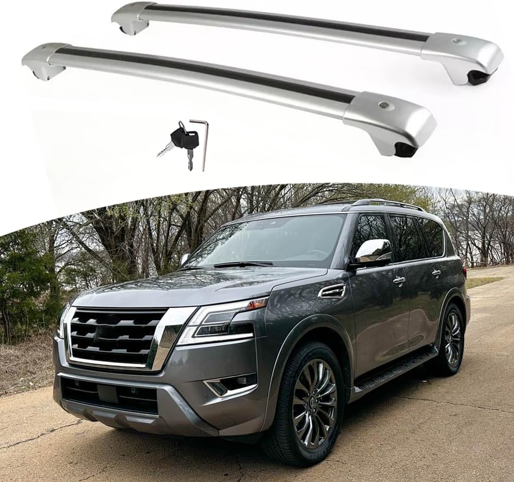 2PCS Aluminum Crossbar Cross Bar Fit for Nissan Armada Y62 2017-2024 Luggage Cargo Carrier Roof Rack Rails with Anti-Theft Locks Lockable (Silver)