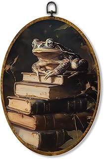 XPH Vintage Moody Frog Book Oval Wall Art Framed, Dark Academia Toad Oval Wall Decor, Gothic Cottagecore Bookish Hanging Canvas Prints for Home Library Reading Room Decoration, 8.6x11.4 Inch