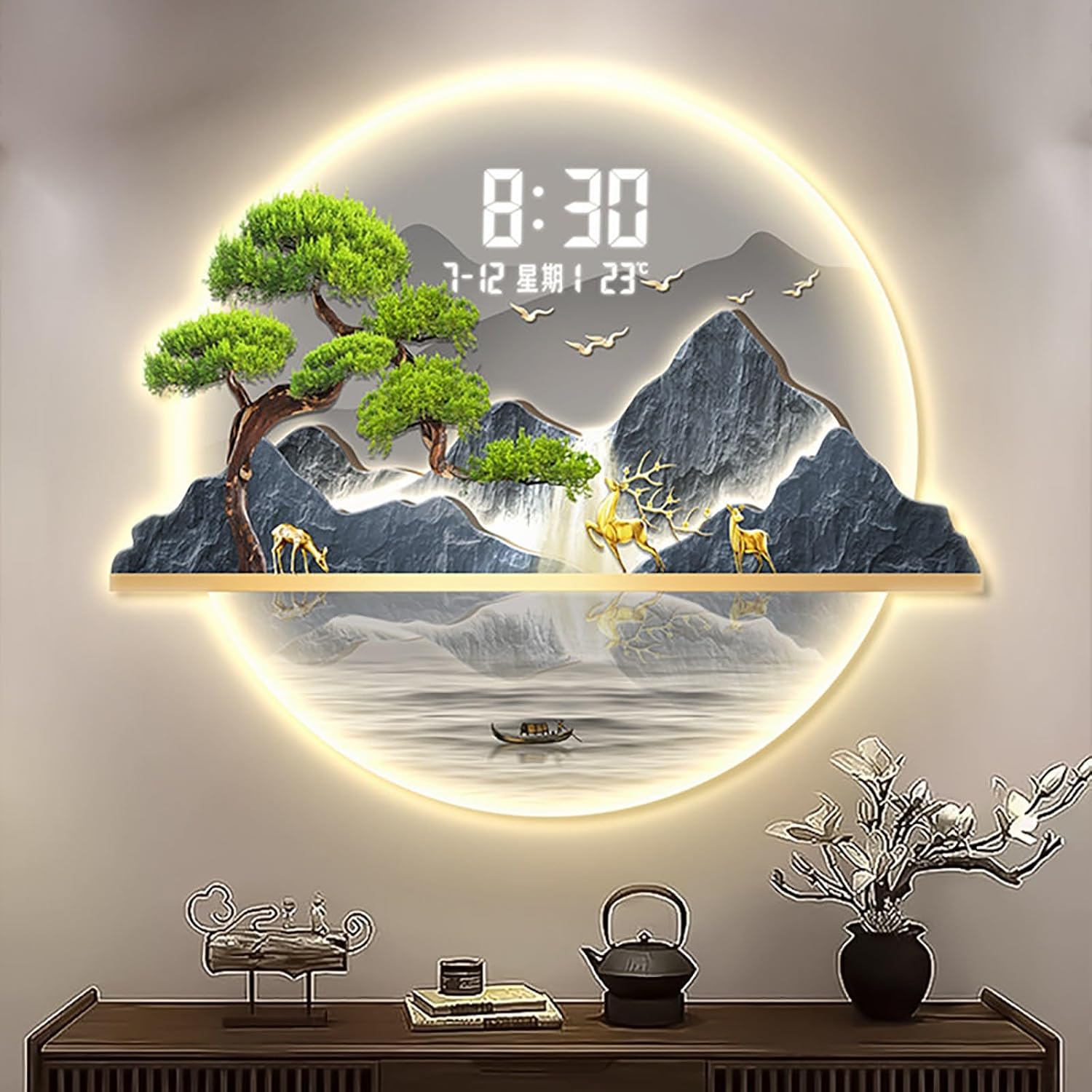 3D Wall Art Decoration – LED, Modern LED Art, Large Lighted Sculptures for Living Room Bedroom, Mountain Deer Decor with Clock & Temperature Display(B,100 * 110cm/39.37 * 43.31in)