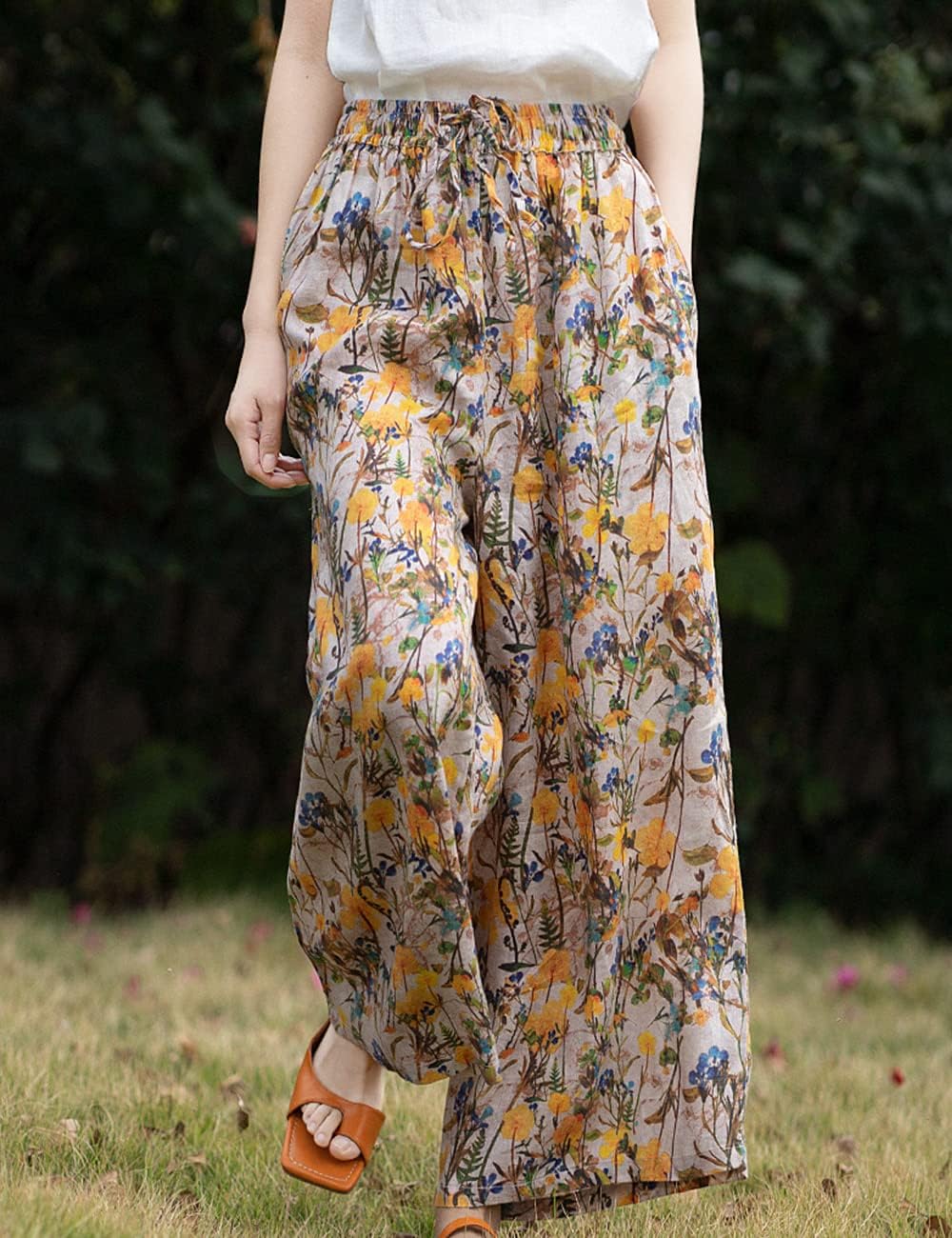 NFYM Women's Casual Summer Wide Leg Elastic Waist Linen Tropical Printed Boho Hippie Palazzo Pants with Drawstring