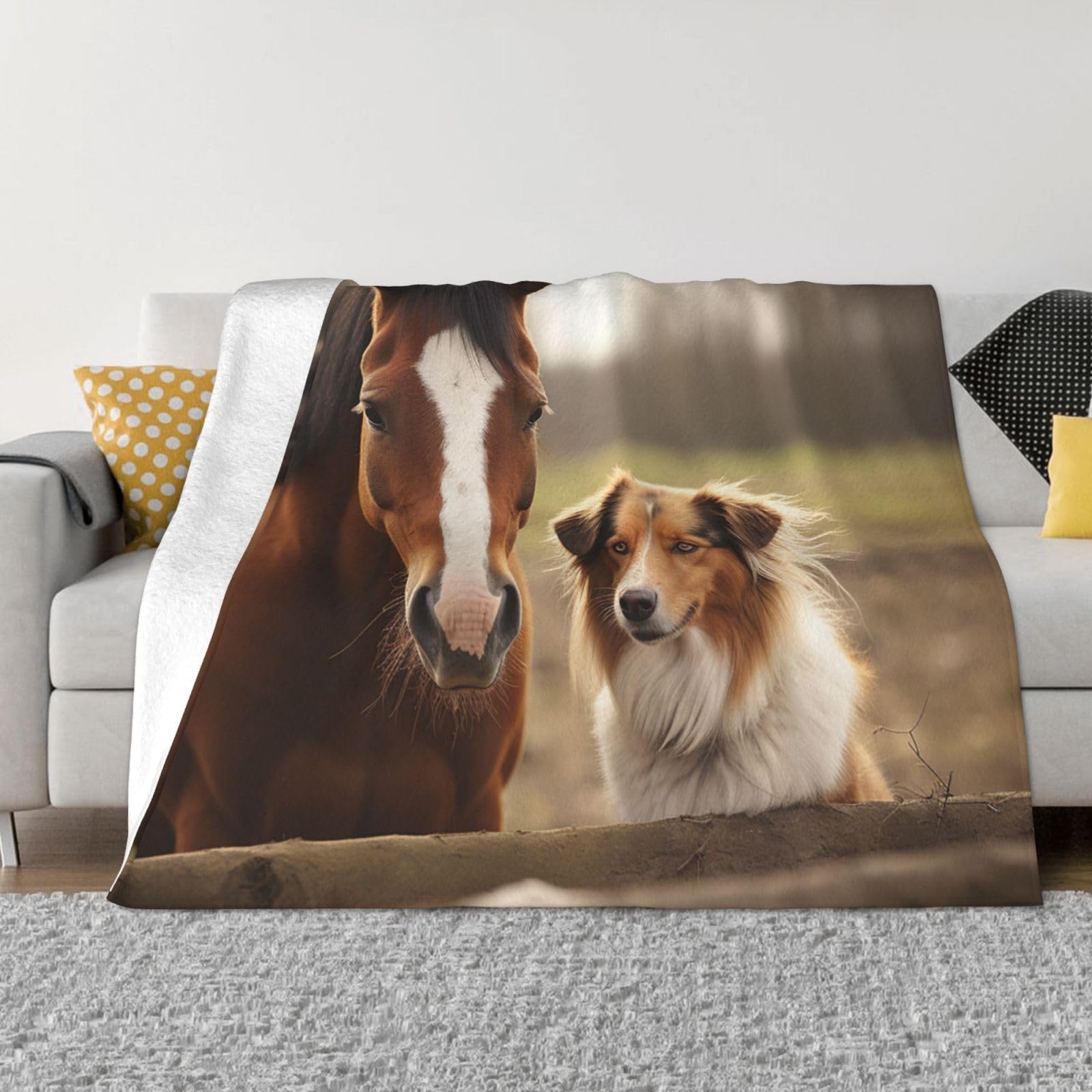 Collie Dog and Horse Together Flannel Blanket 50"x40" - Ultra-Soft Lightweight Throw Blanket for Bed, Sofa, and Couch - Luxury Air Conditioning Blankets - Cozy Warm Blankets for All Seasons