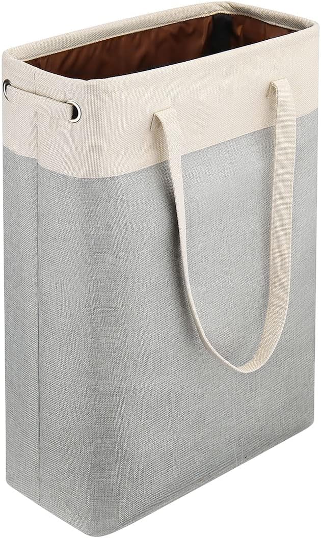 i BKGOO Laundry Basket with Handles Beige&Green Slim Laundry Bin Collapsible Dirty Clothes Basket Narrow Laundry Bag Foldable Dirty Hamper for Camping, Dorms, Apartments