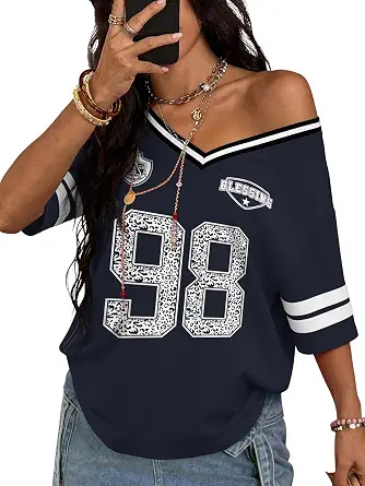 Takeyal Women's Graphic Football Jersey Shirts, Trendy Half Sleeve V-Neck Oversized Summer Y2K Tees, Streetwear