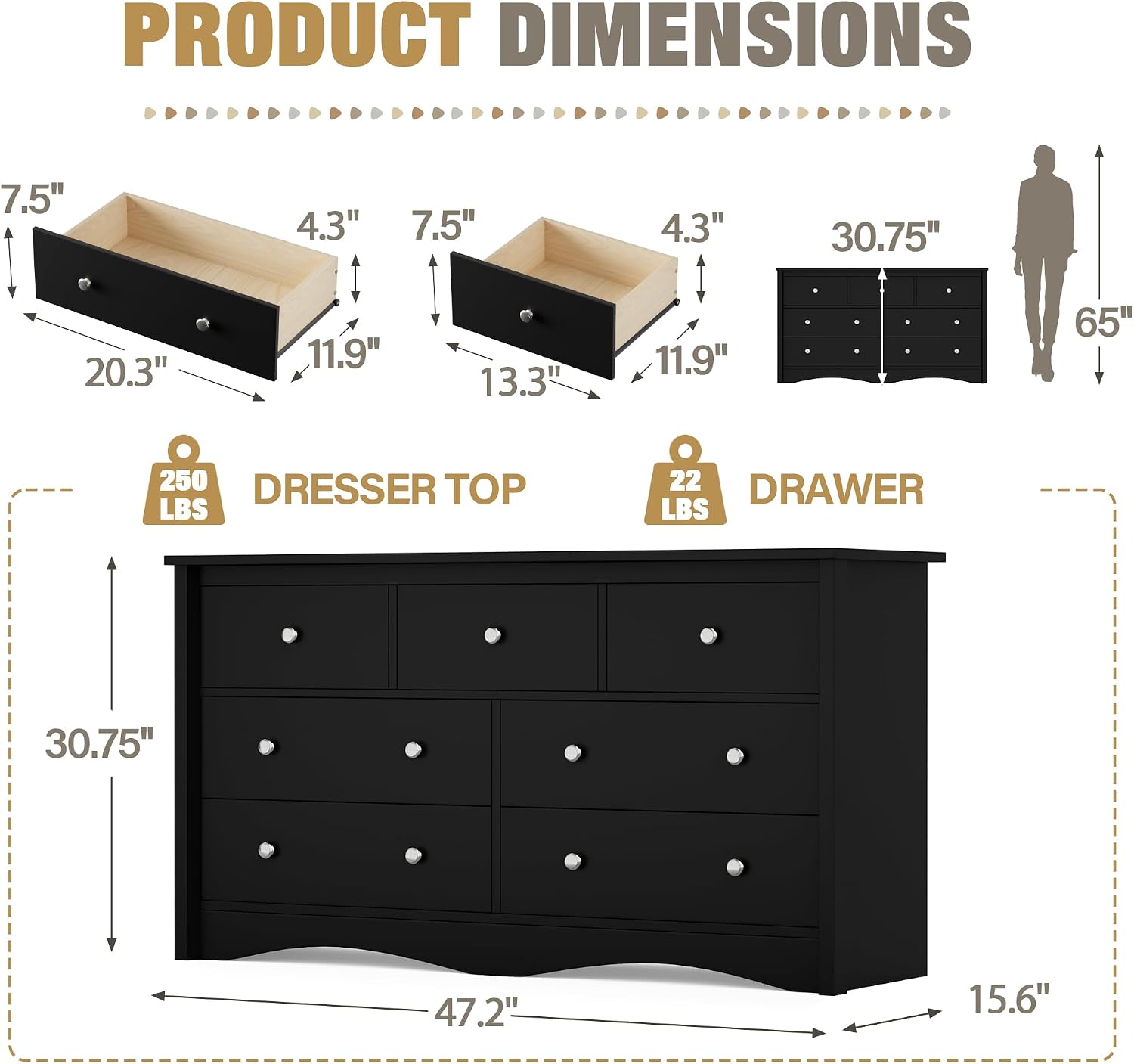 YESHOMY Dresser for Bedroom with 7 Drawers, Modern Chest of Drawers, Wooden Dressers, TV Stand for Living Room,Closet, Hallway (Black)