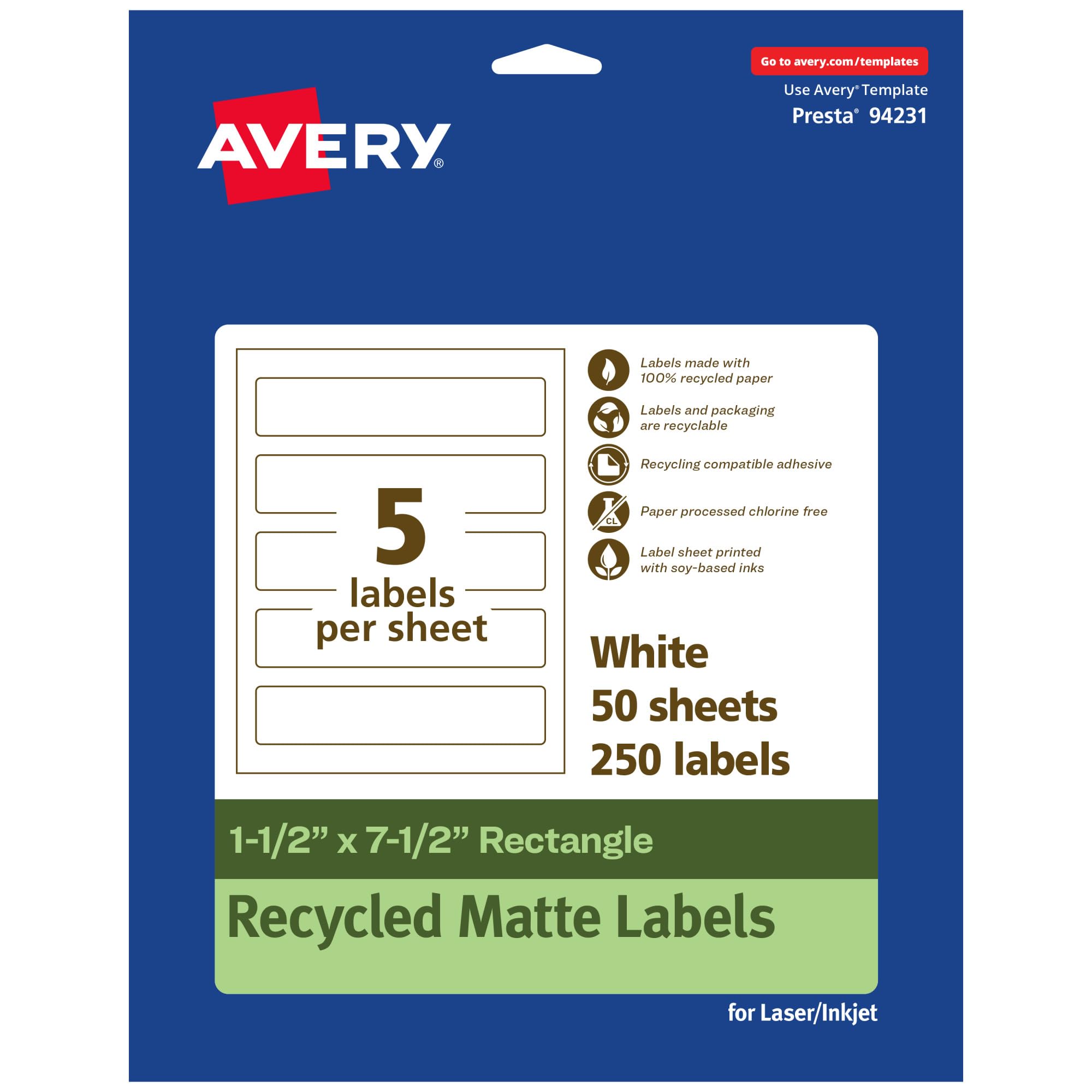 Avery EcoFriendly Matte White Recycled Rectangle Labels, 1.5" x 7.5", Print-to-The-Edge, Matte White Labels, Permanent Adhesive, Laser/Inkjet