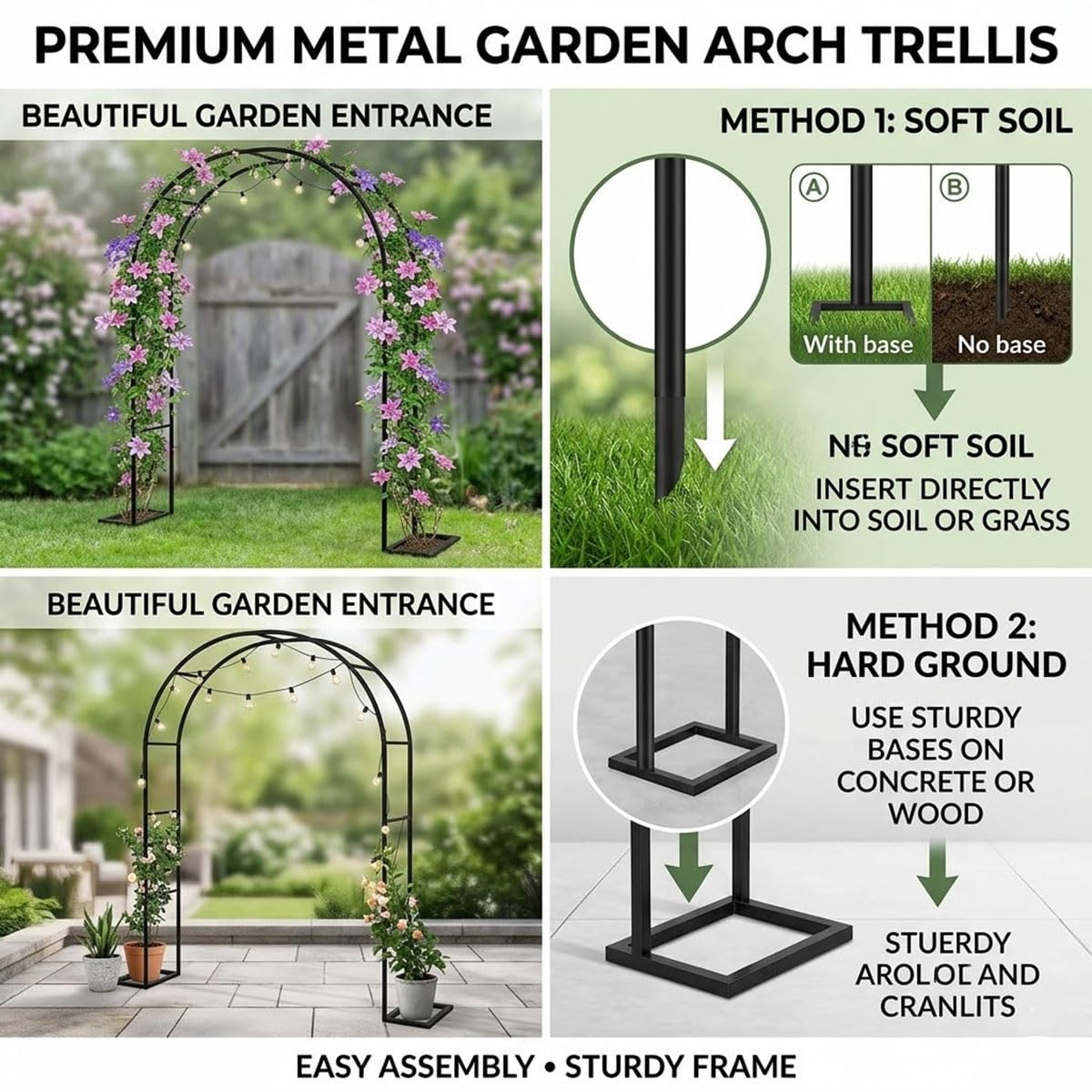 Schwarzer Metall-Gartenbogen für Kletterpflanzen – langlebiger, rostbeständiger Stahl-Laube für Rosen und Reben, 200 x 230 cm, Outdoor-Hochzeitsdekoration, perfekt für Halloween und Veranstaltungen
