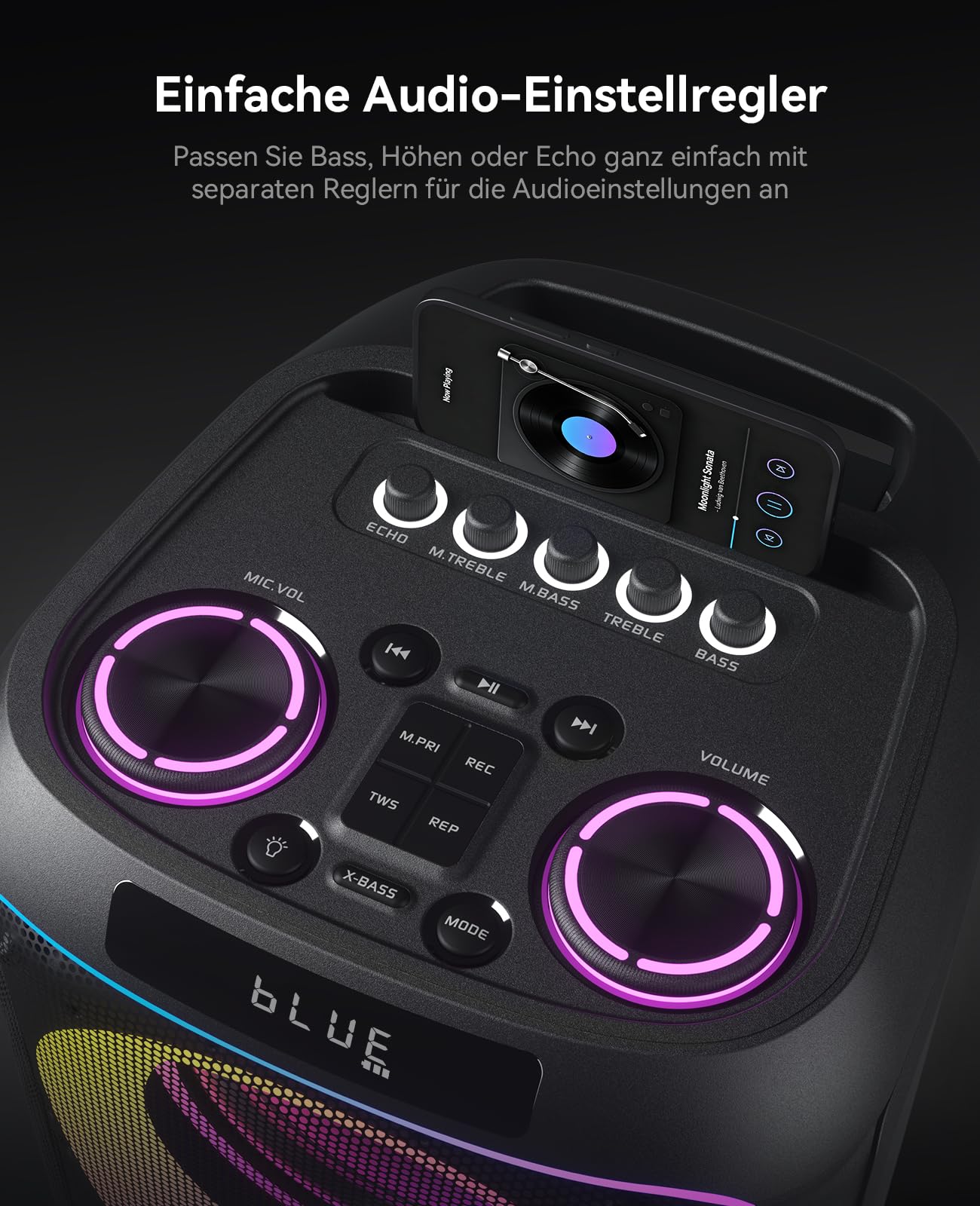 GKDT81 Karaoke-Maschine Mit 2 Mikrofonen, 800 W Spitzenleistung, Zwei 8"-Tieftöner. Tragbarer Bluetooth-Lautsprecher Mit Rollen & Teleskopgriff, Starkem Bass Und LED-Beleuchtung. Praktisches PA-System