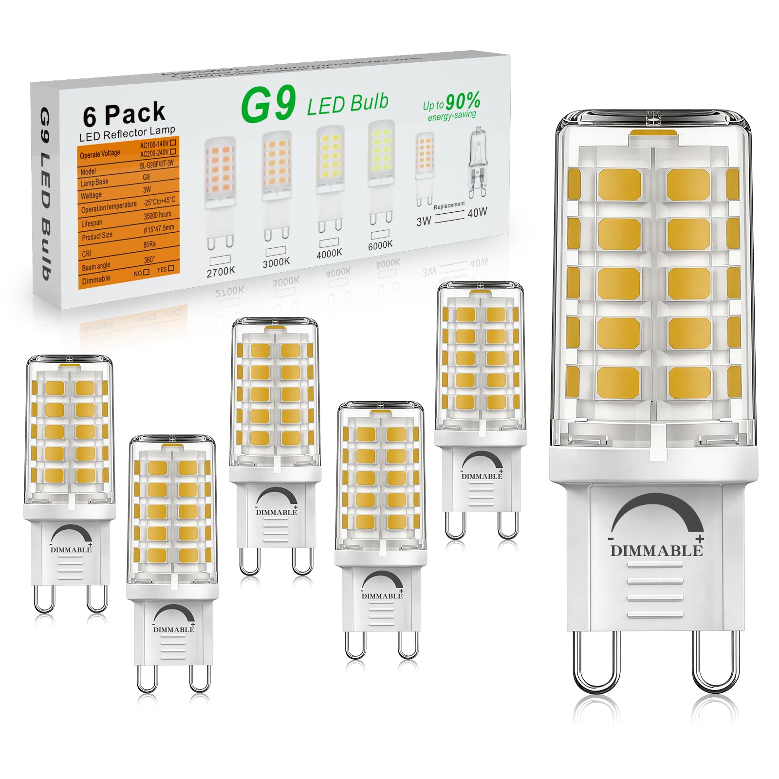 BAOMING G9 LED Bulbs Warm White 3000K Dimmable 3W 420LM Equivalent to 40W Halogen, No Flicker Energy Saving Bulb for Decoration Chandelier, Home, Office Lighting, 6-Pack
