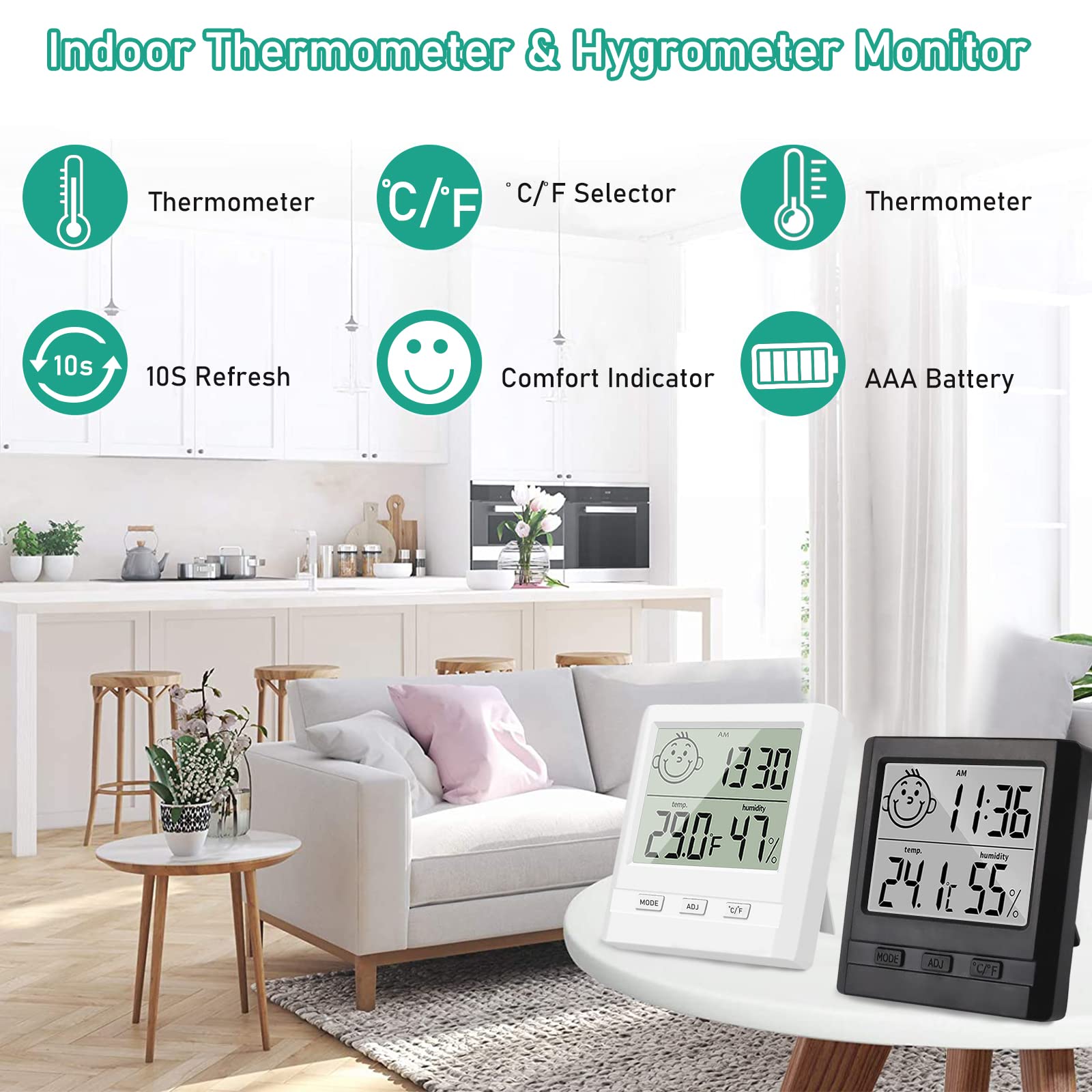 Hygromètre Numérique avec Horloge Lot de 2 - Thermomètre Intérieur Blanc et Noir