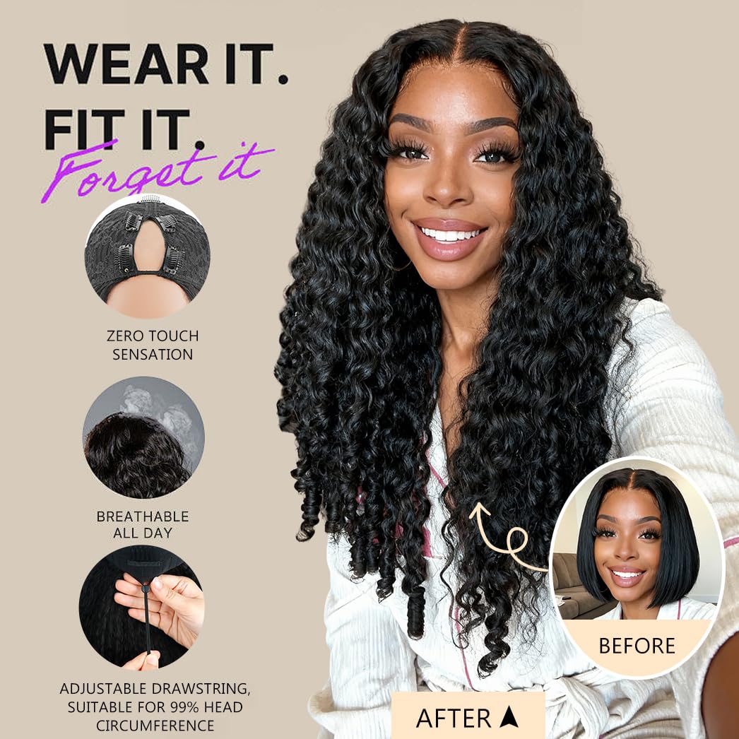 sterly V Part Wig Human Hair Glueless No Leave Out Upgrade U Part Wigs Burmese Curly Wig with Spiral End Deep Curly Wigs For Women Full Head Clip In Half Wigs 200% Density 18inch