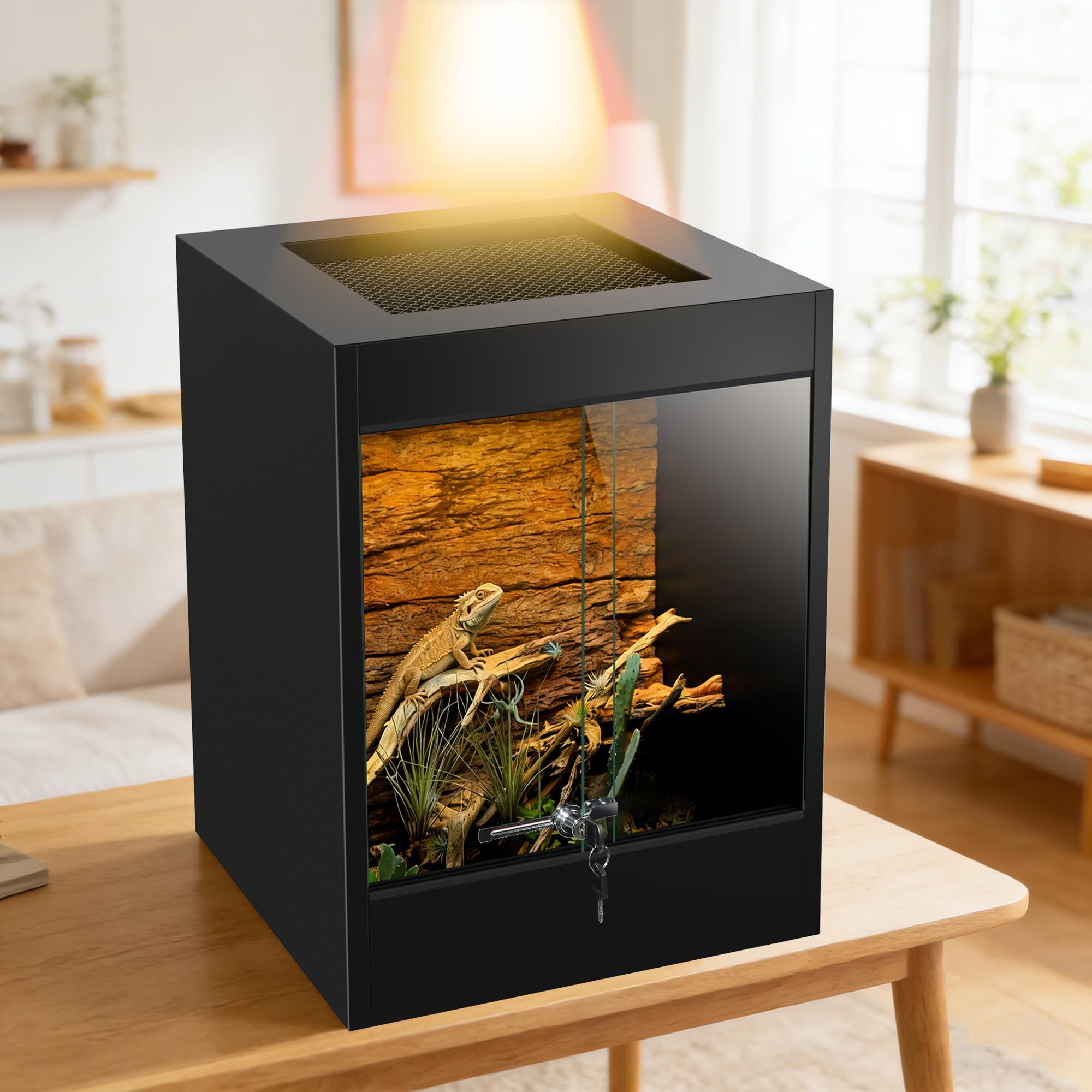 Terrario per rettili in PVC, 33 galloni, con apertura frontale e drago barbuto, 61 x 45,7 x 45,7 cm, con porte scorrevoli in vetro temperato, blocco e ventilazione dello schermo superiore per gechi