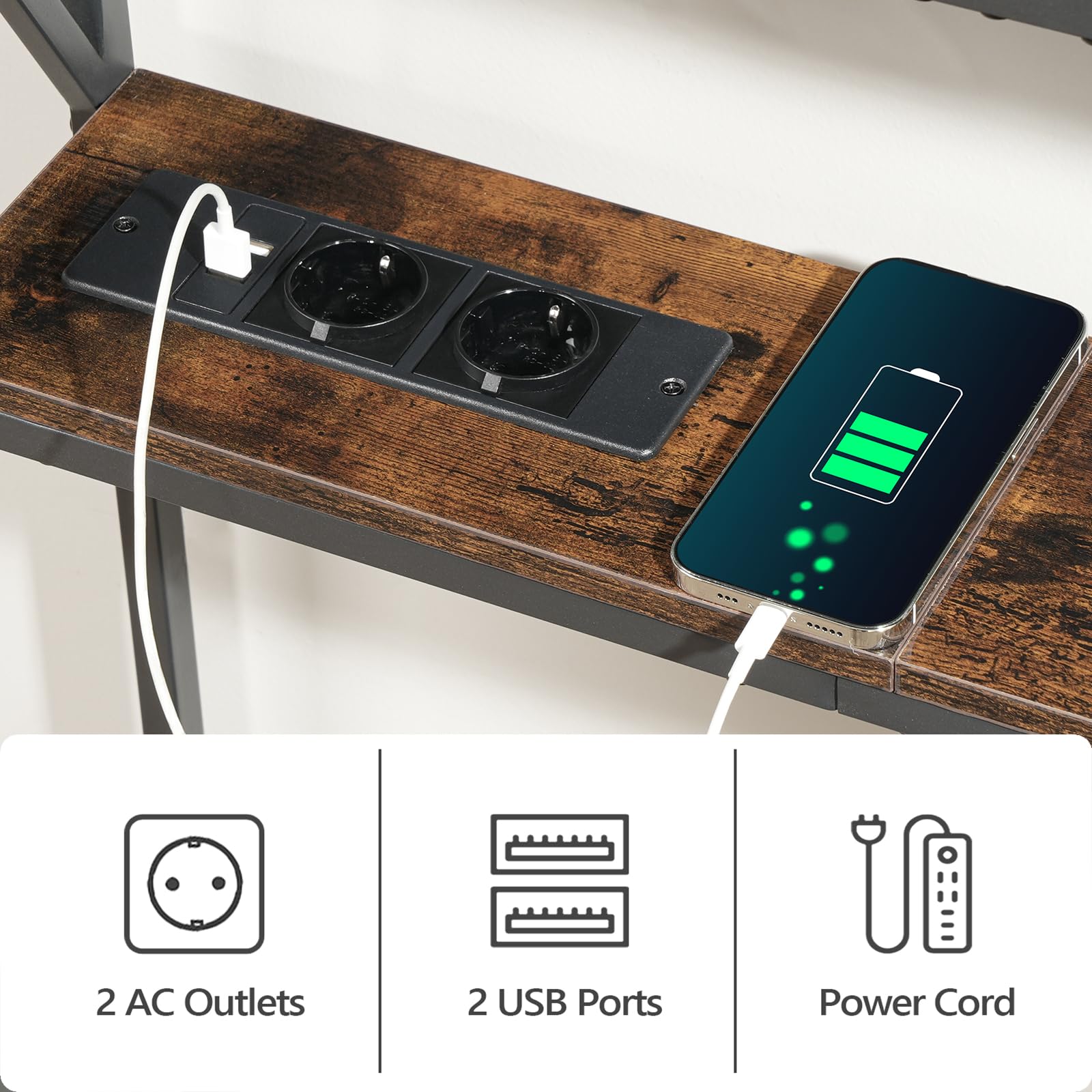 MAHANCRIS Mesa de Entrada Doble de 100 cm, Table Console con 2 Enchufes y 2 Puertos USB, Consola Auxiliar Pequeña, Mesa para Pasillo con Estantes, para Pasillo, Vestíbulo Marrón ACTHR115UE01