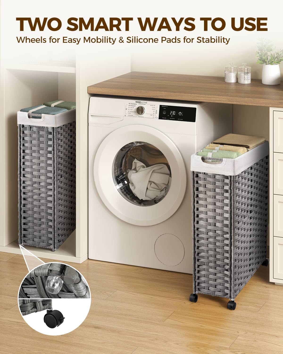 greenstell laundry hamper with wheels, 17.4 gallon (66l) slim laundry basket with 2 removable liner bags & 2 mesh bags, narrow rattan clothes hamper for bedroom, laundry room, bathroom, grey 66l (19.7 x 7.9 x 27.6 inches) grey