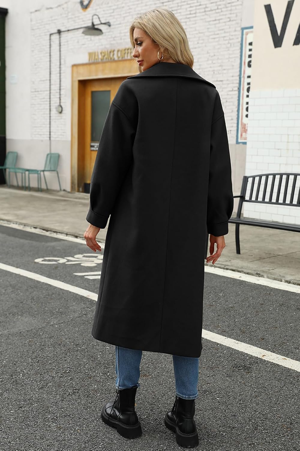 BZB Women's Long Coat Notched Lapel Collar Double Breasted Pea Coat Winter Elegant Wool Blend Over Coats Jackets - Image 3