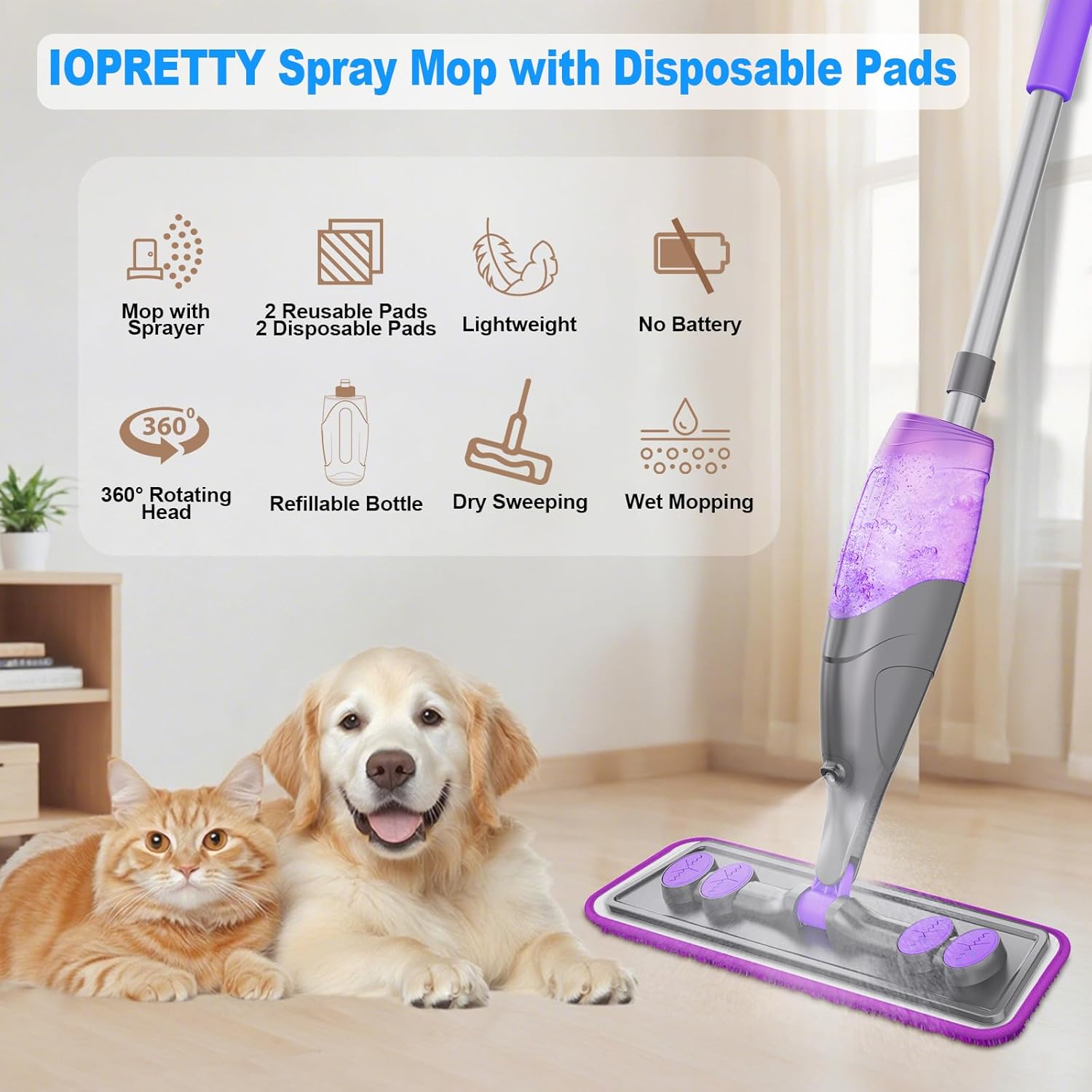 spray mops for floor cleaning - wet dry mops with 2 washable + 2 disposable pads for swiffer powermop - refillable bottle for hardwood tile home kitchen - absorbs pet hair dust stains gray