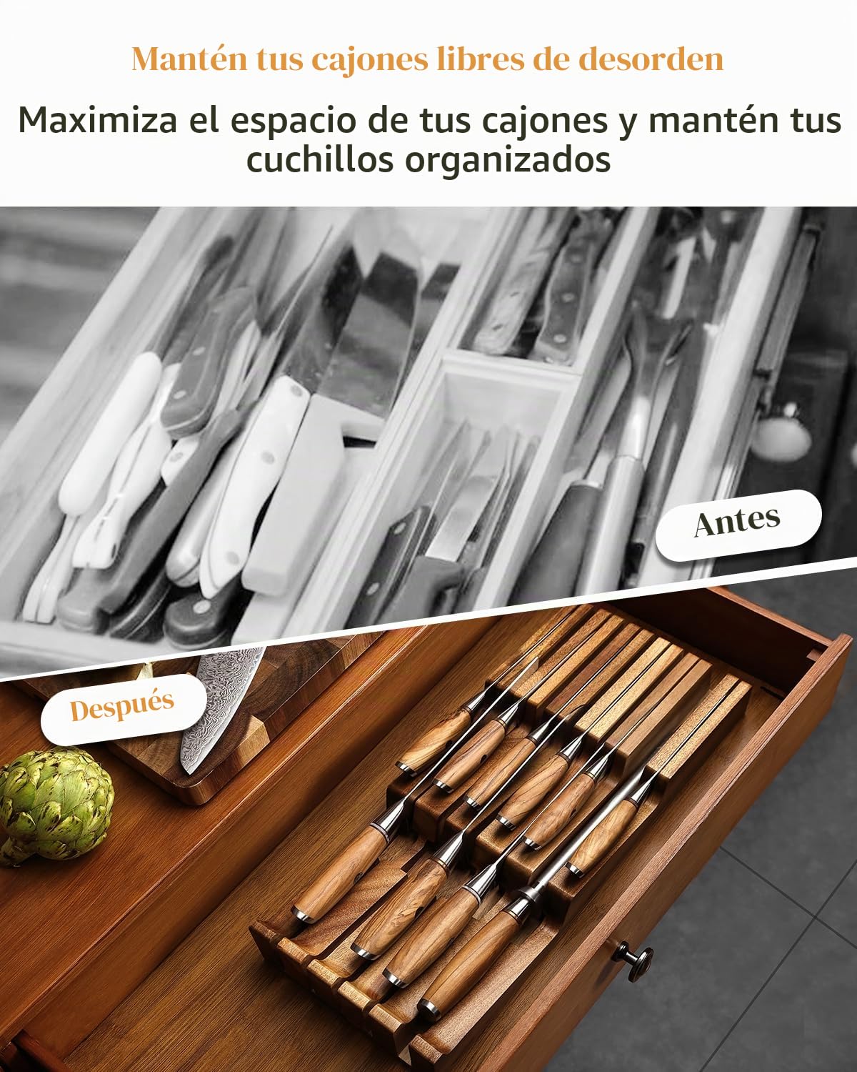XINZUO Portacuchillos para Cajones de Madera de Acacia -Organizador de Cuchillos para Cajón 43,6x18,4x5,3cm Reposacuchillos para 10 Cuchillos y 1 Acero para Afilar(Sin Cuchillos)-Con Caja de Regalo