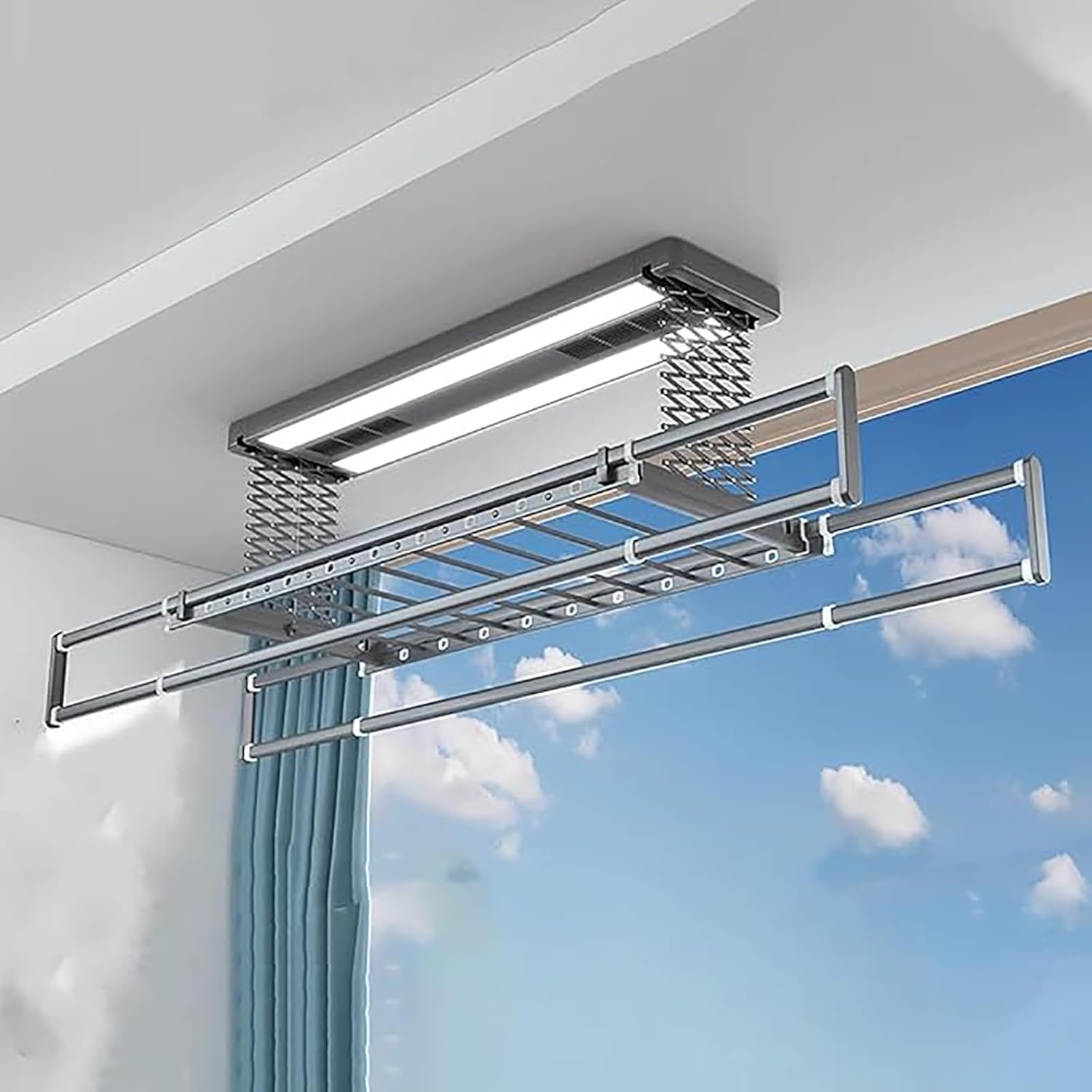 Ceiling Clothes Dryer Aluminium and Steel Electric Clothes Dryer with Remote Control,Ceiling Mounted Clothes Drying Rack, Electric Clothes Drying Rack with Remote Control & Led Light Alumini