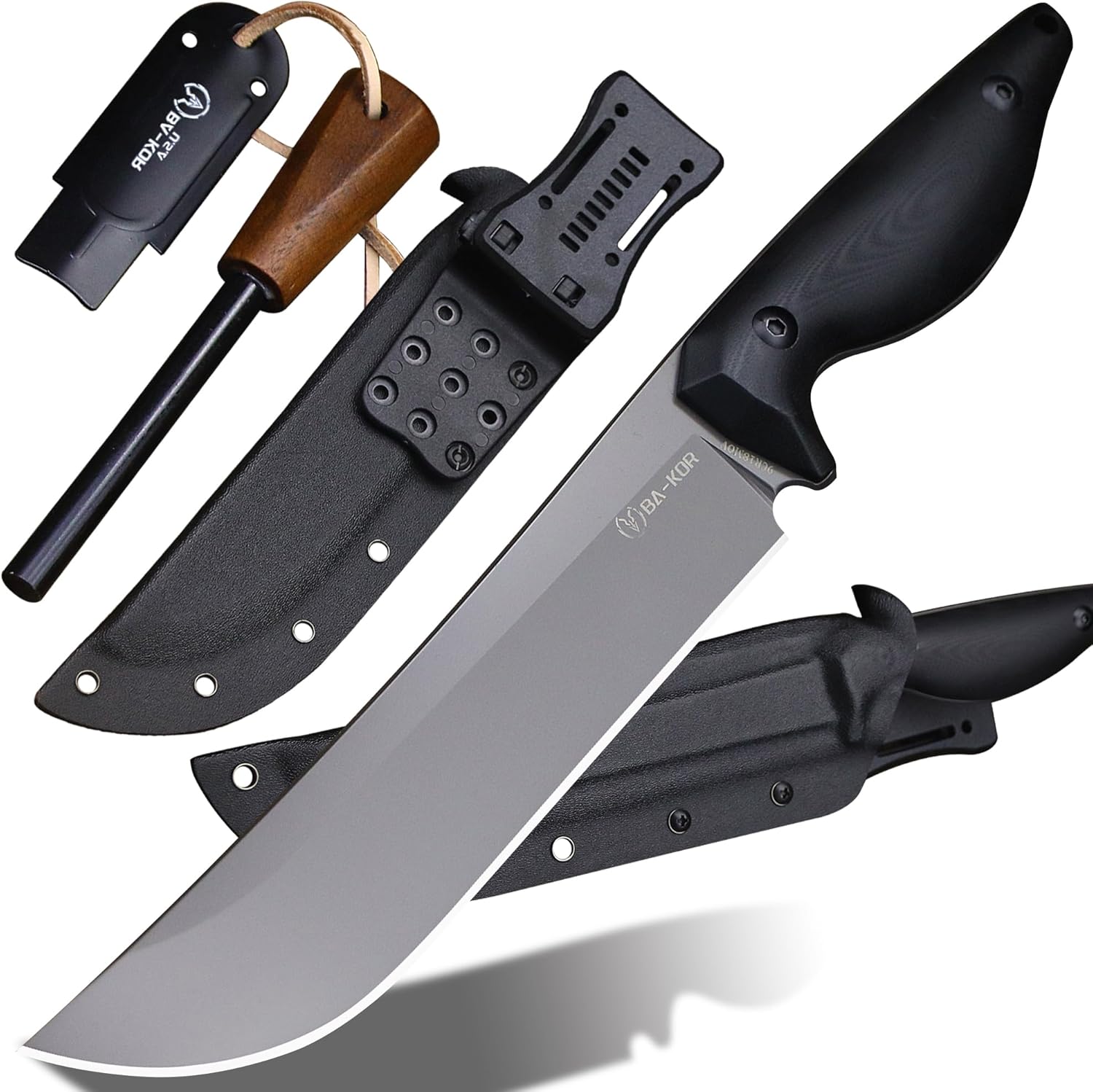 BA-KOR 5MM (9CR18MOV) steel 12.8'' full tang Hunting knife +K sheathing &5.9" cerium igniter can be used outdoors for outdoor hunting, camping, obstacle clearing, wood chopping, BBQ, fishing, kitchen cutting, EDC tools, gifts