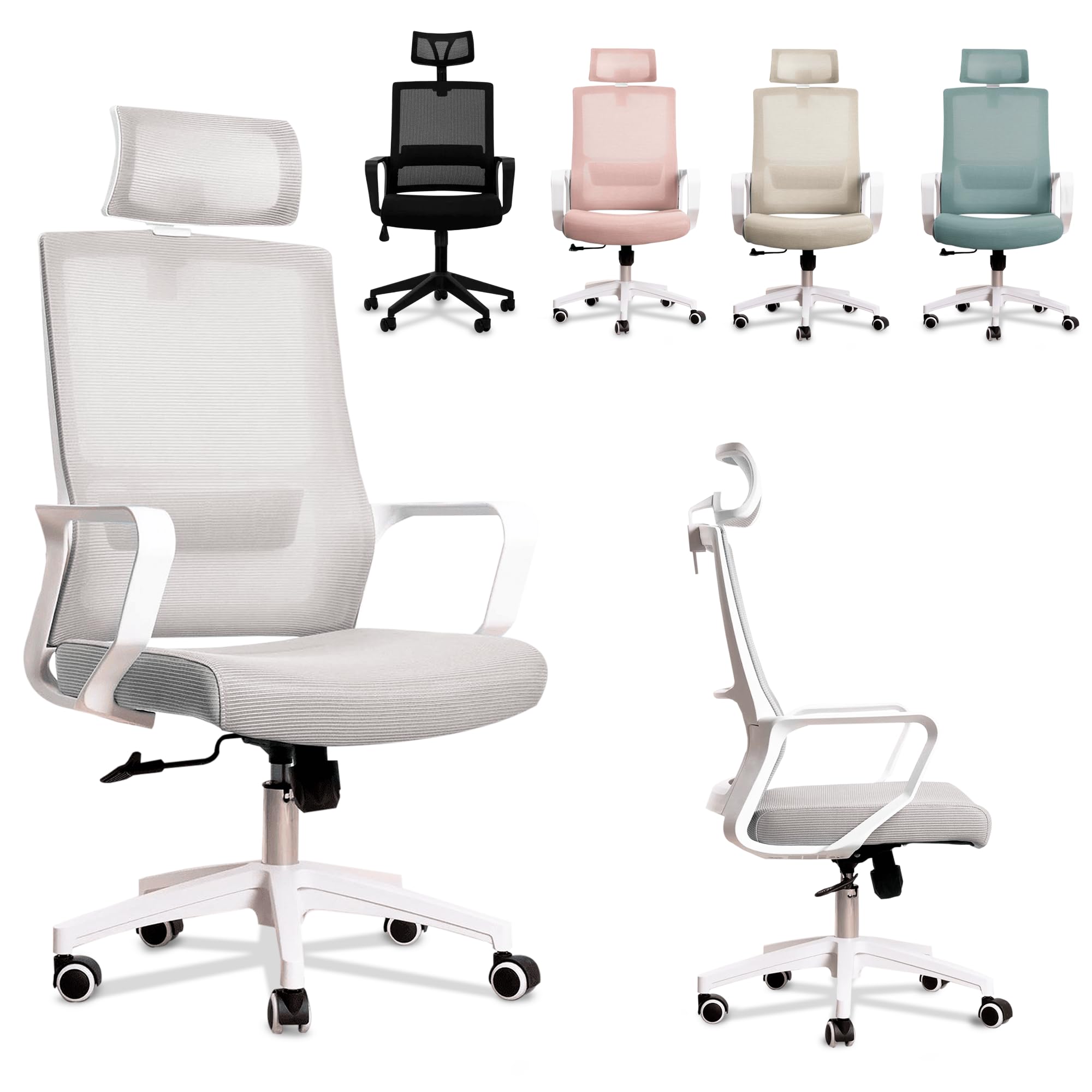 JUPPLIES Silla Escritorio Ergonomica - Silla Oficina Ajustable y Reclinable con Soporte Lumbar, Reposacabezas Ajustable, Malla Transpirable, Ruedas Giratorias 360° Soporta hasta 100kg (Gris)